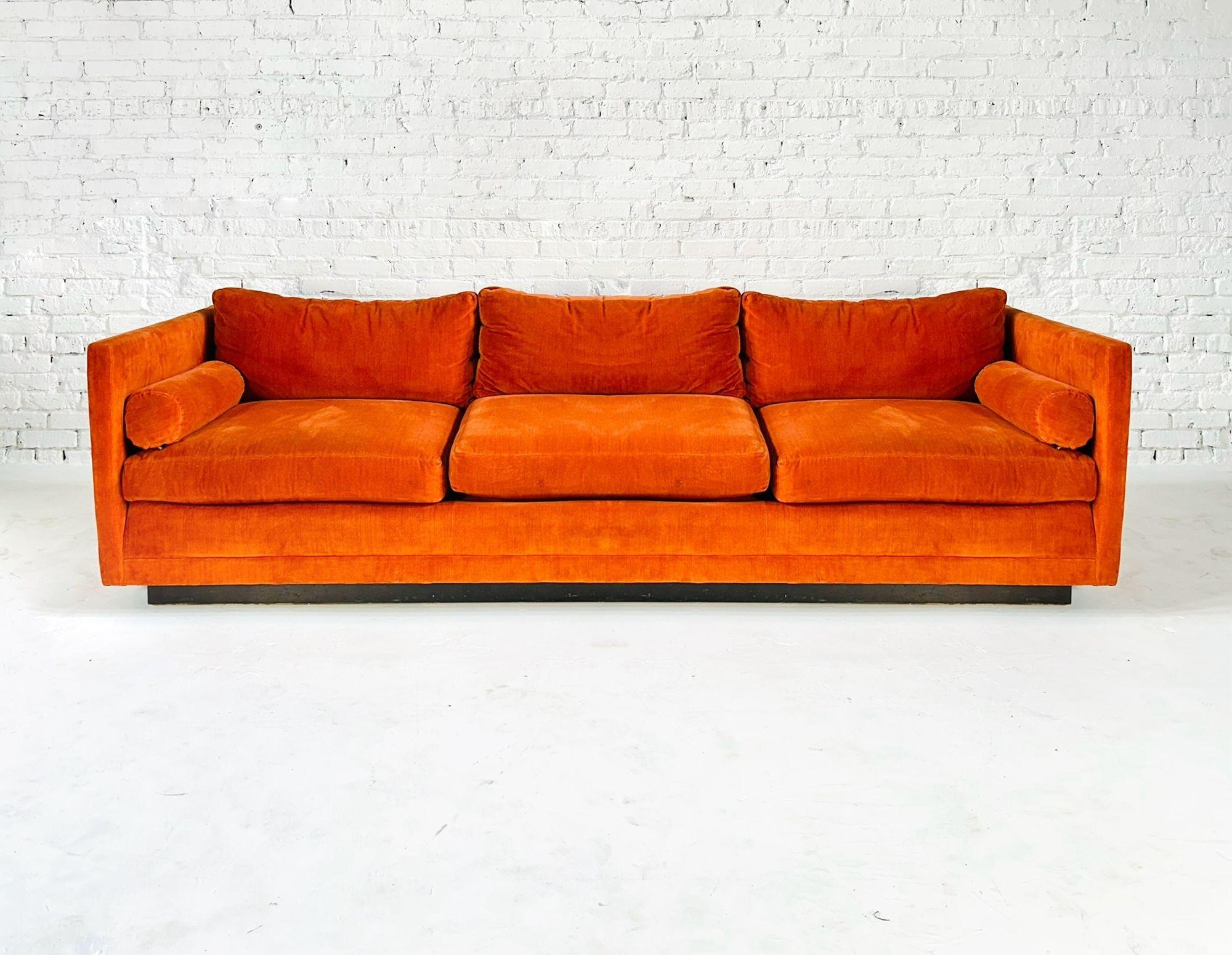 Mid-Century Modern Milo Baughman for Directional Tuxedo Sofa in Orange Velvet, 1960 For Sale