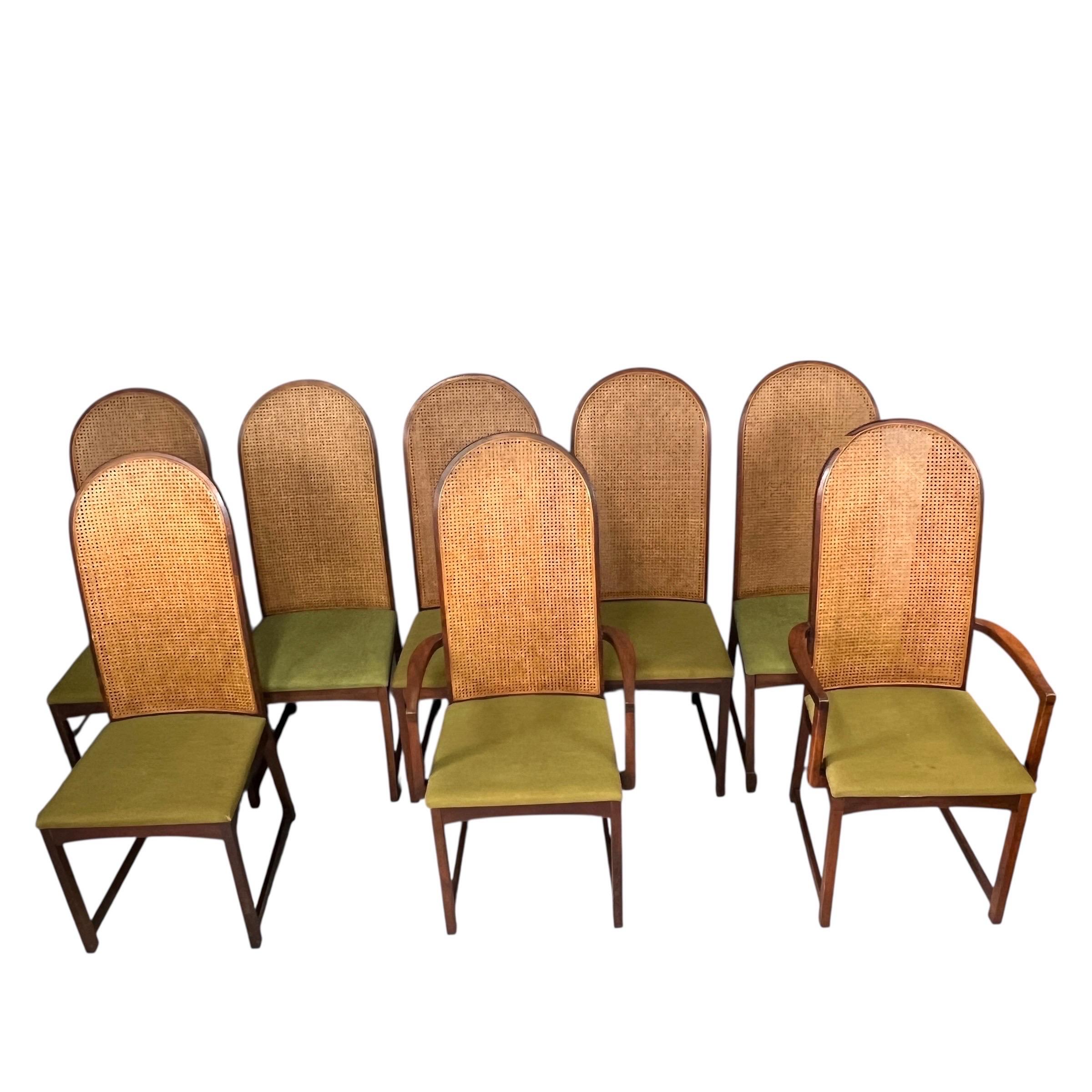 American Milo Baughman for Directional Walnut and Cane Back Dining Chairs - Set of 8 For Sale