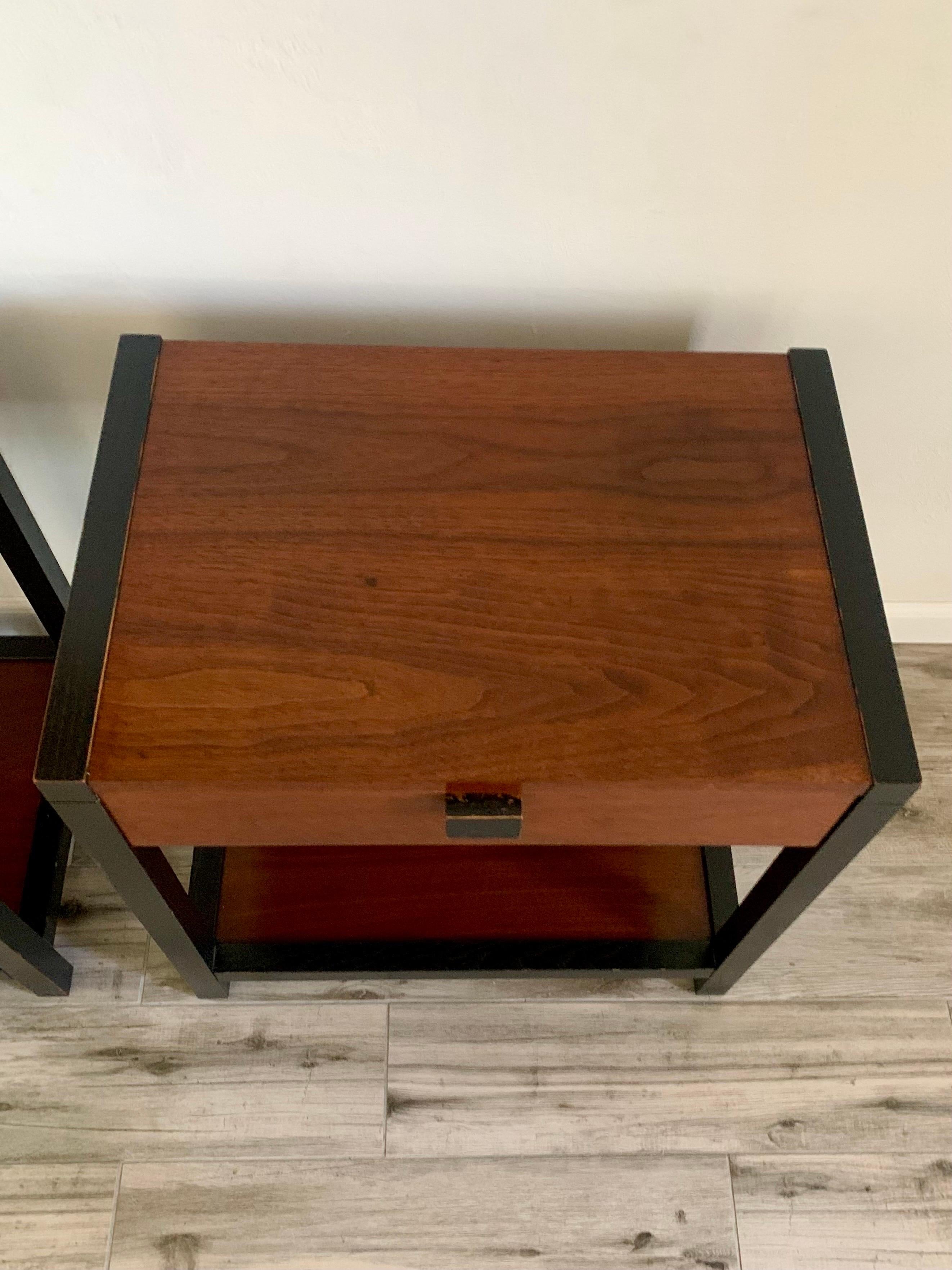 American Milo Baughman for Directional Walnut and Ebonized Nightstands. 