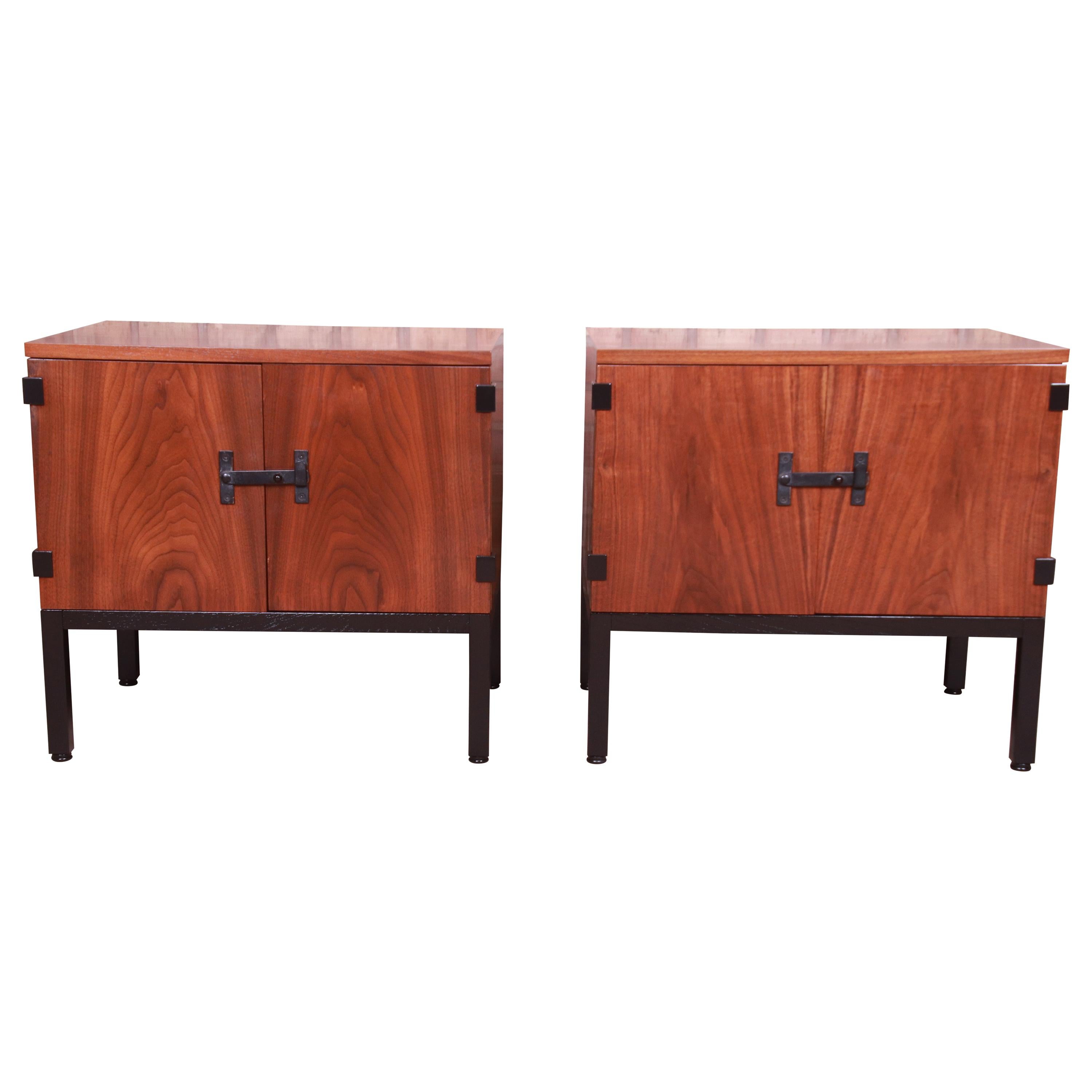 Milo Baughman for Directional Walnut and Ebonized Nightstands, Newly Refinished