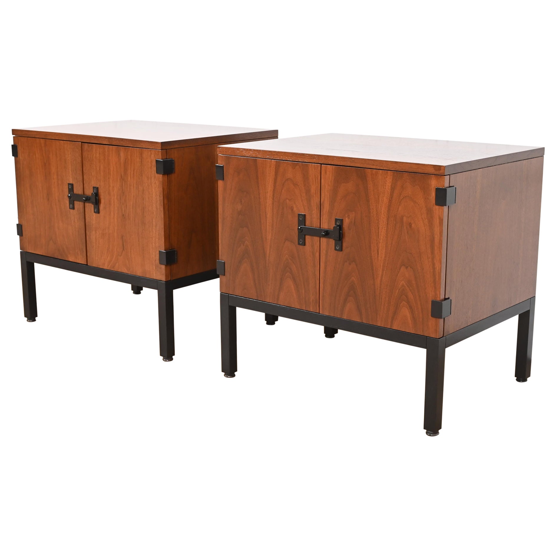 Milo Baughman for Directional Walnut and Ebonized Nightstands, Newly Refinished