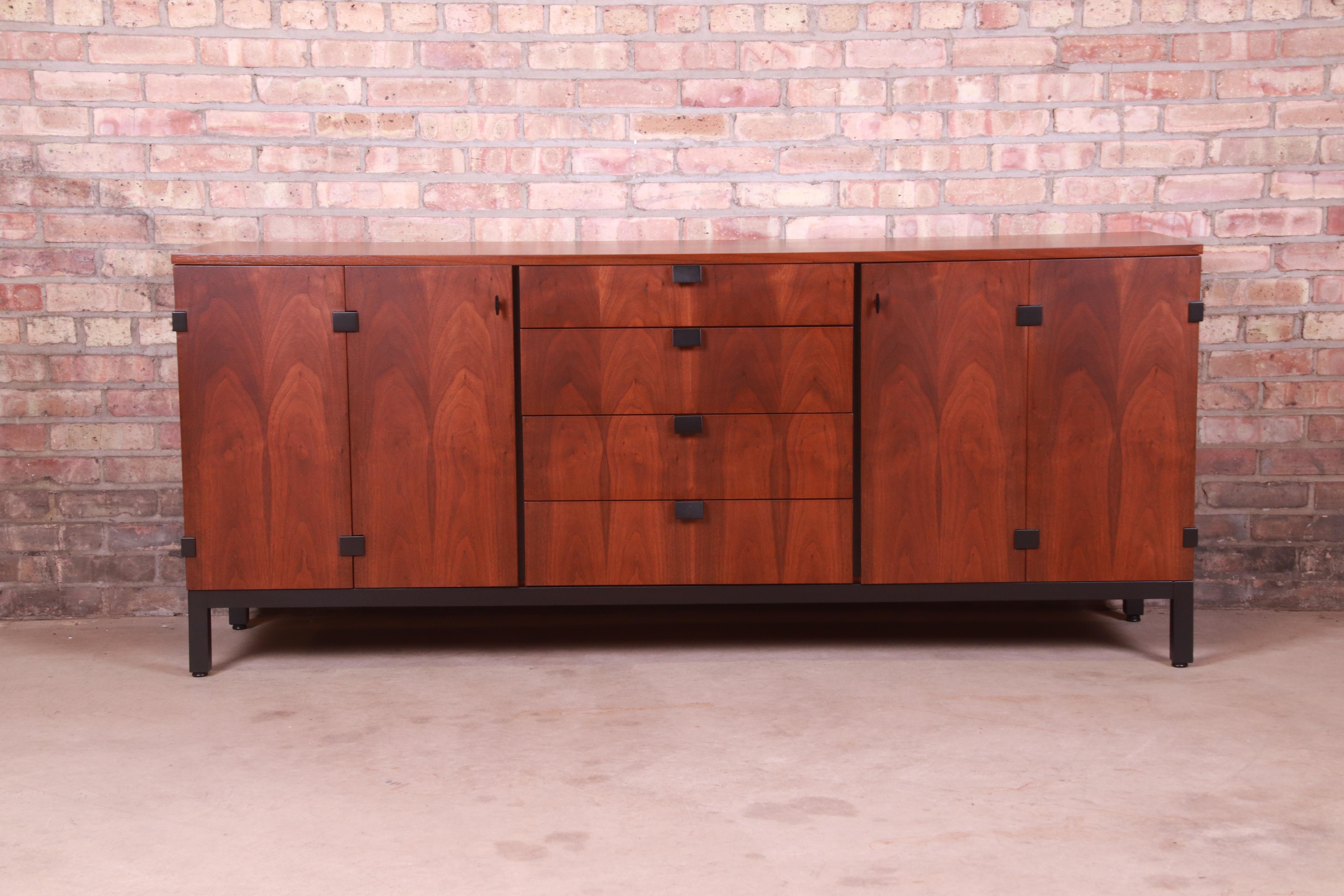 American Milo Baughman for Directional Walnut and Ebonized Sideboard Credenza, Refinished