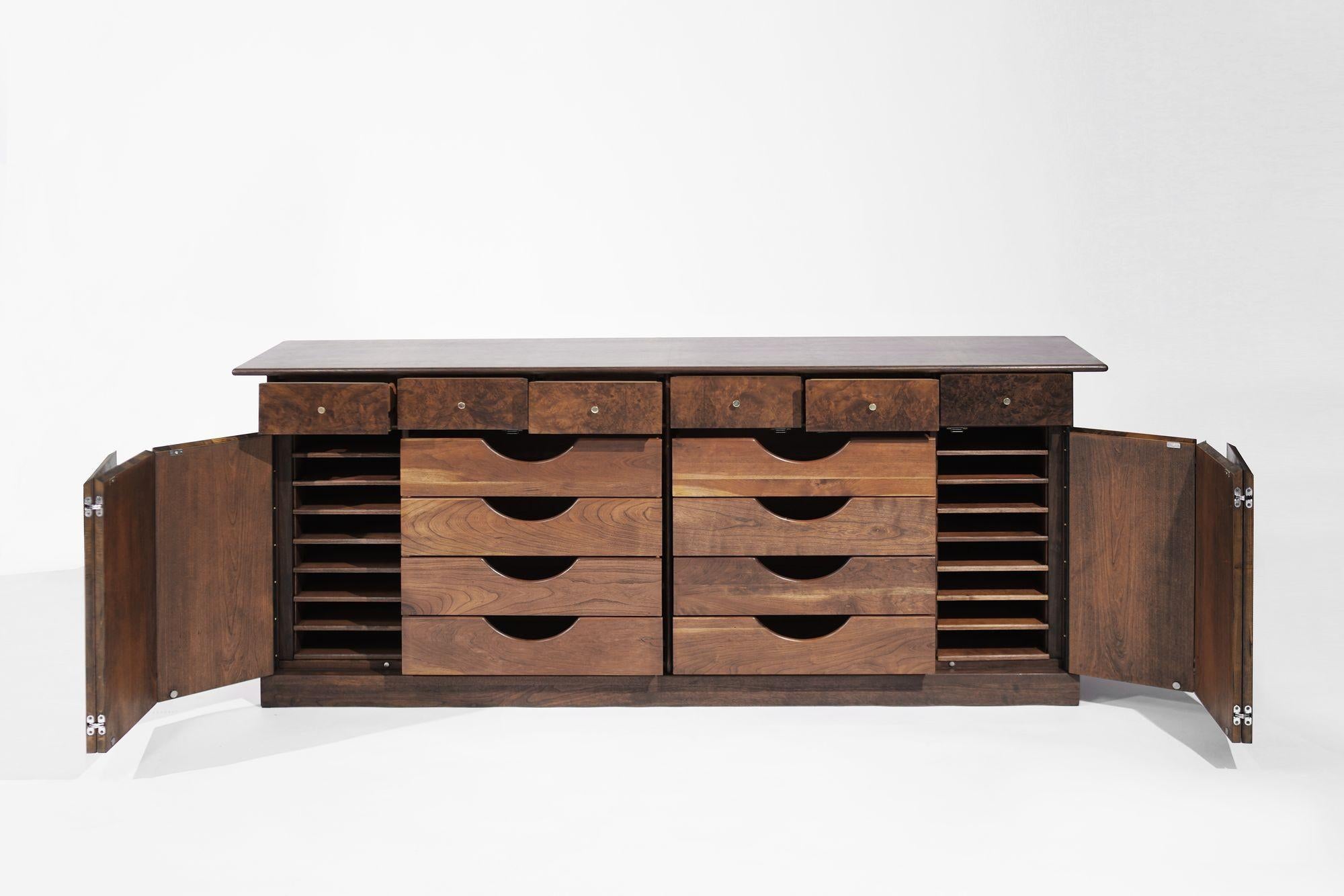 American Milo Baughman for Directional Walnut Burl Credenza, C. 1960s For Sale