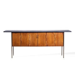 Milo Baughman for Directional Walnut, Slate and Brass Console Credenza