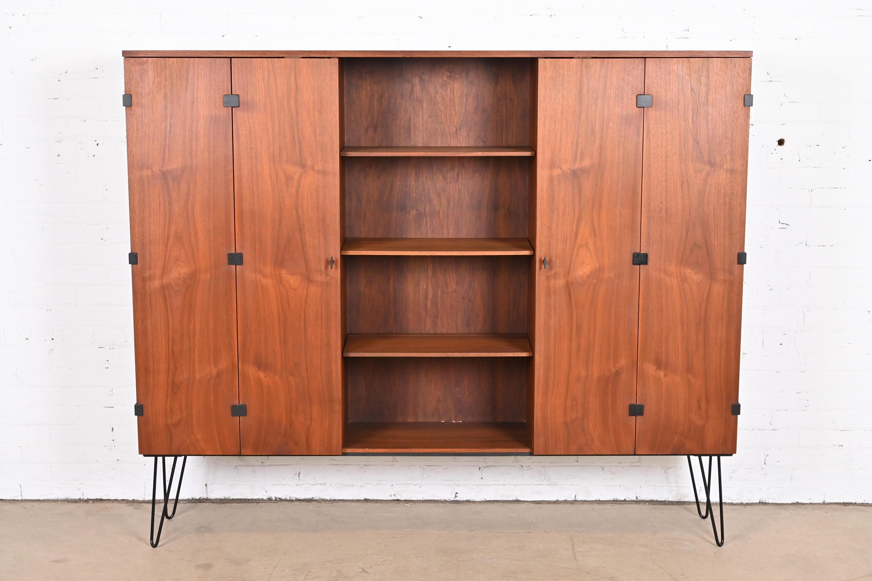 American Milo Baughman for Directional Walnut Triple Bookcase on Hairpin Legs, 1960s