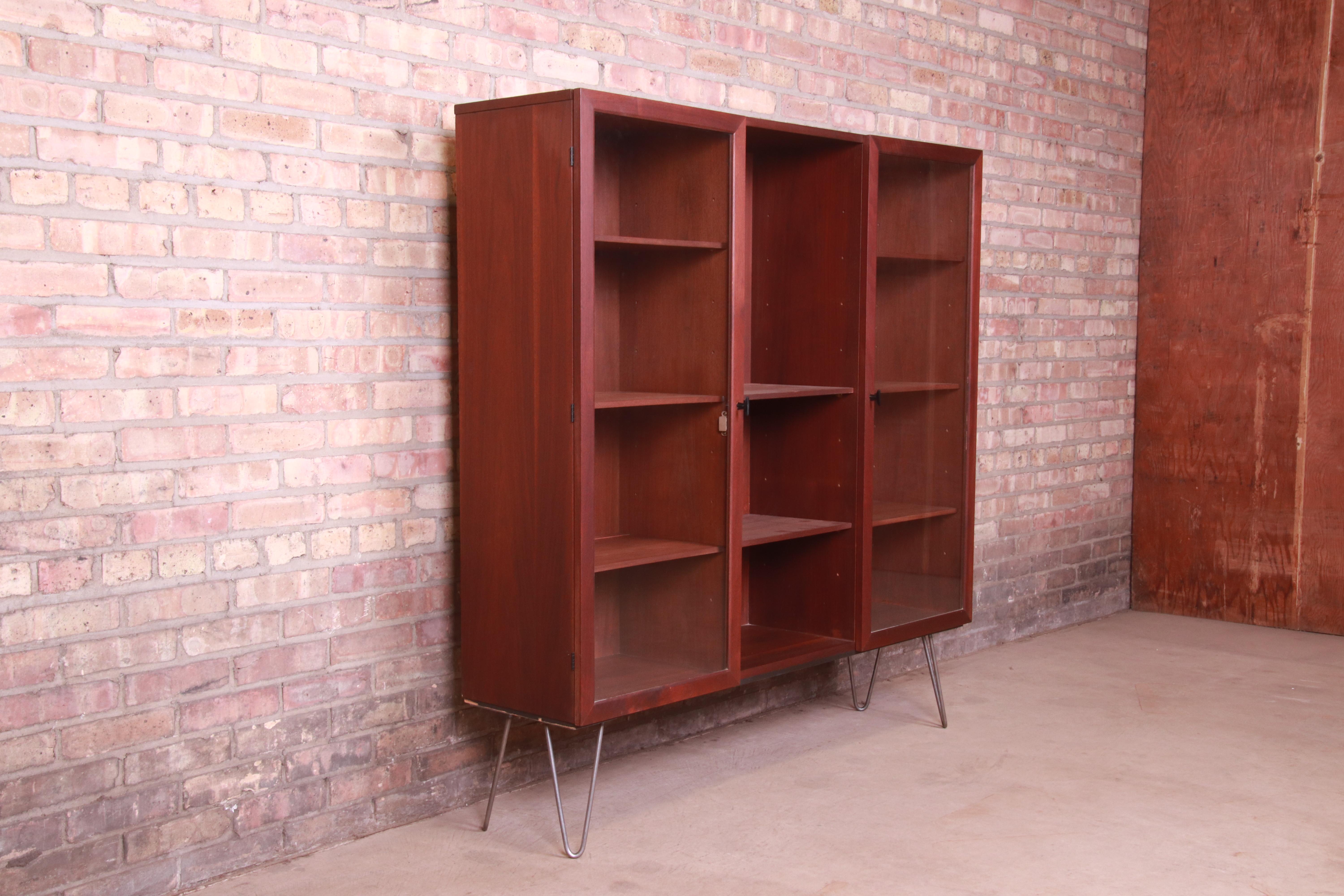 American Milo Baughman for Directional Walnut Triple Bookcase on Hairpin Legs, 1960s