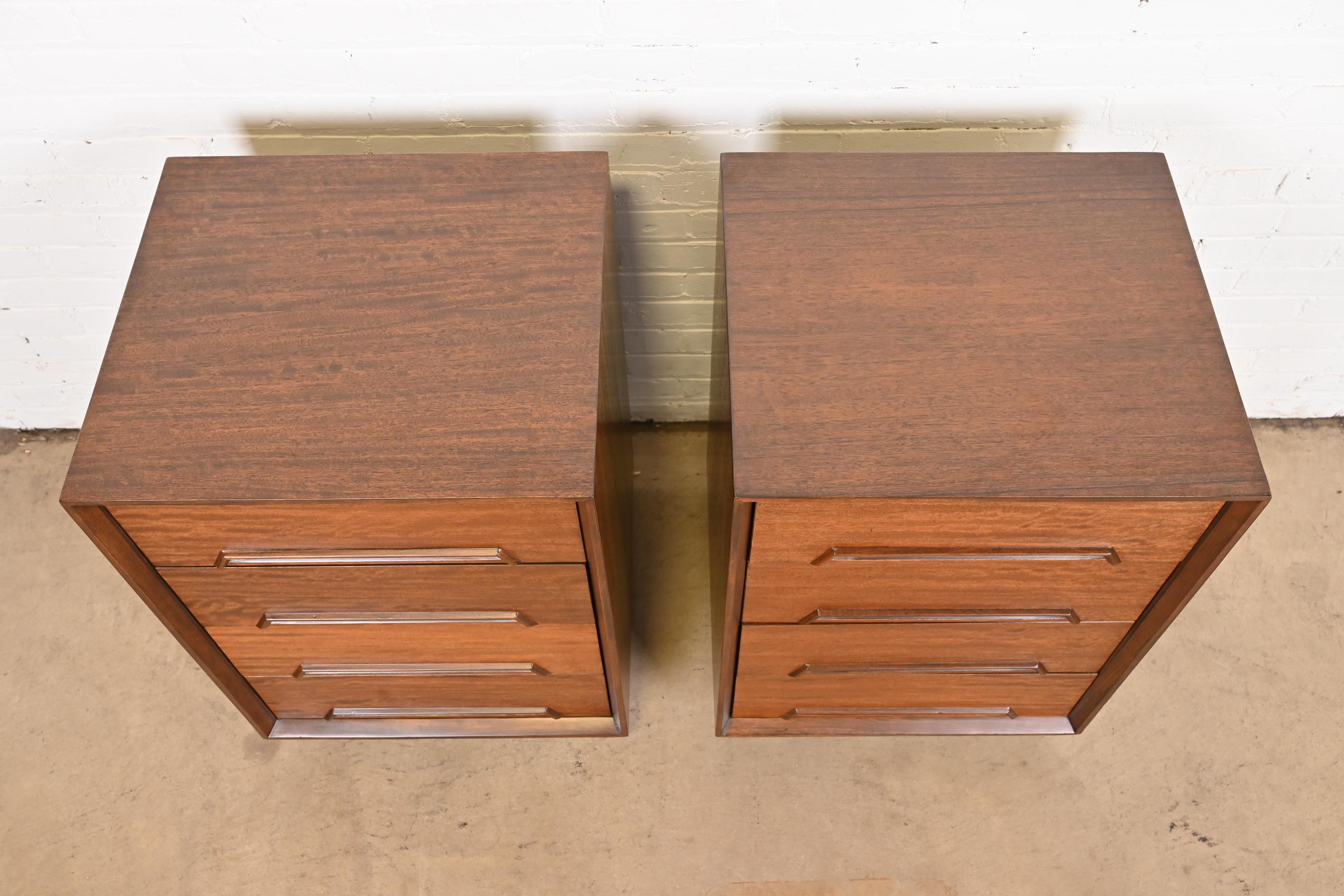 Milo Baughman for Drexel Exotic Mindoro Wood Bedside Chests, Newly Refinished For Sale 9