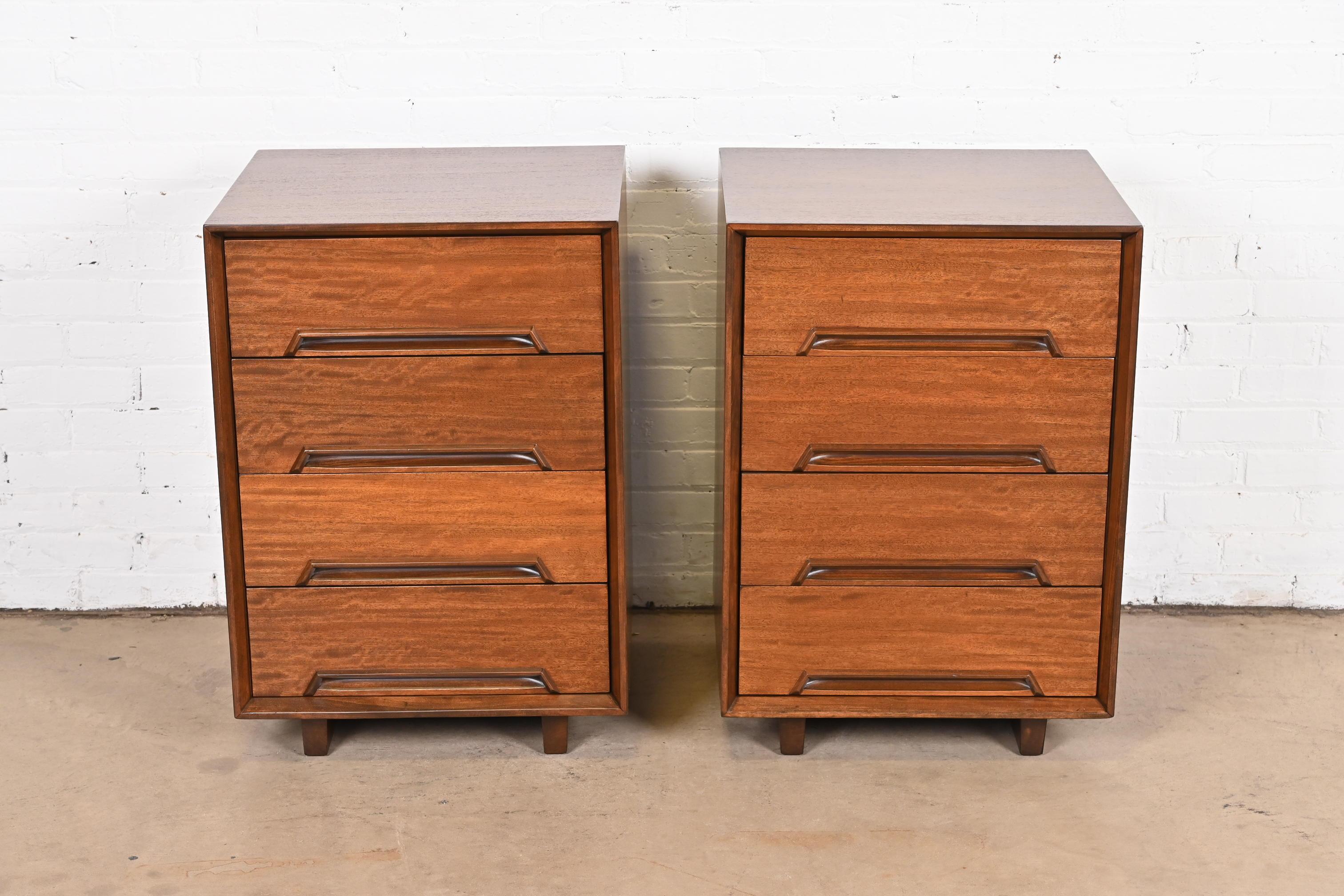 Mid-Century Modern Milo Baughman for Drexel Exotic Mindoro Wood Bedside Chests, Newly Refinished For Sale