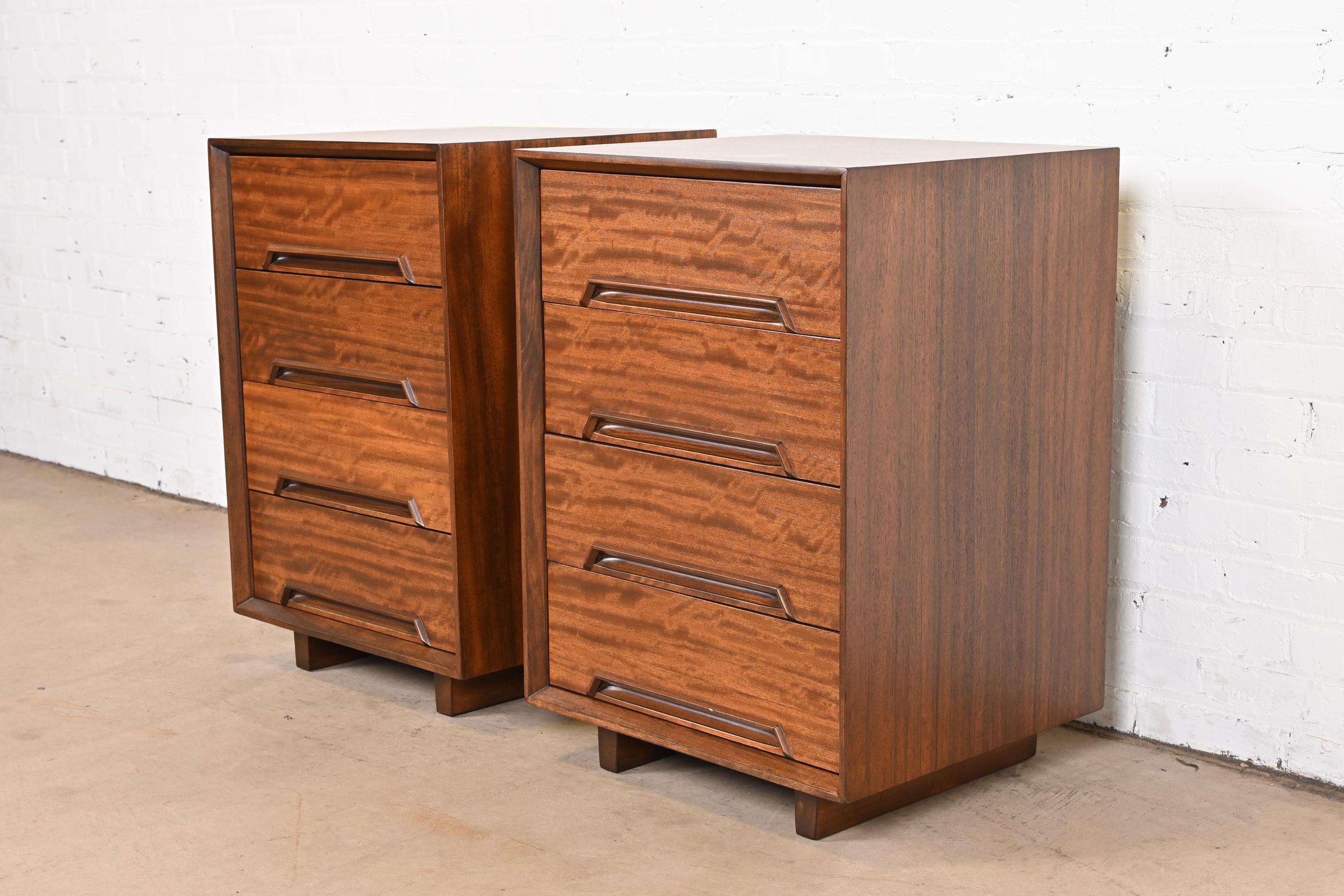 Milo Baughman for Drexel Exotic Mindoro Wood Bedside Chests, Newly Refinished In Good Condition For Sale In South Bend, IN