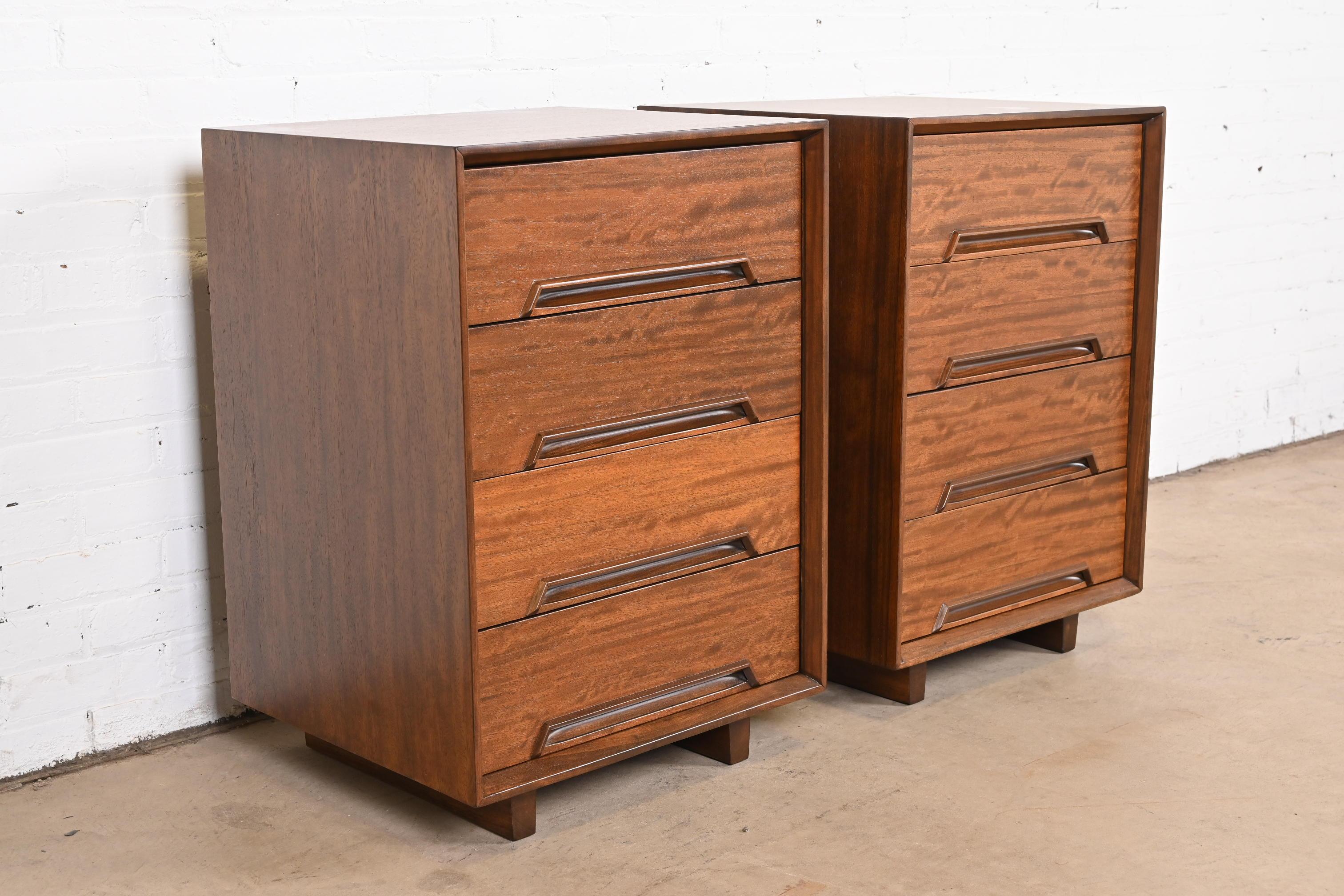 Milo Baughman for Drexel Exotic Mindoro Wood Bedside Chests, Newly Refinished For Sale 1