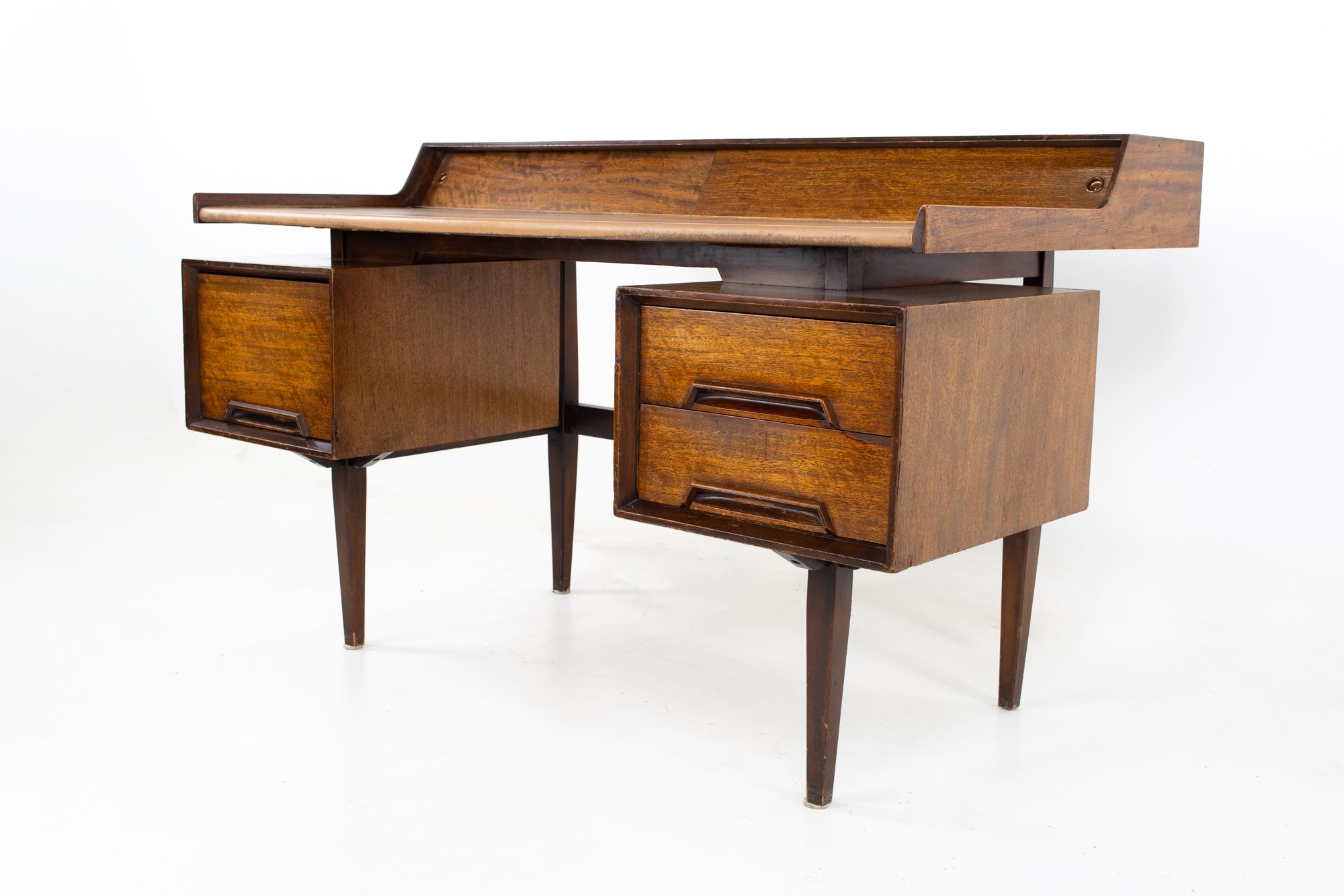 Milo Baughman for Drexel mid century walnut floating double sided desk
Desk measures: 56 wide x 31.5 deep x 34.25 inches high

All pieces of furniture can be had in what we call restored vintage condition. That means the piece is restored upon