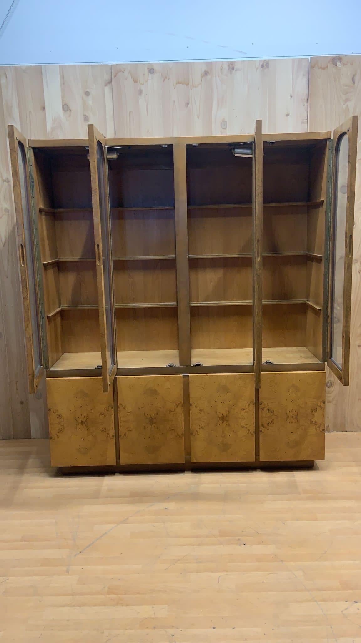 Hand-Crafted Milo Baughman for Lane Furniture Burl Olive Wood Two Piece Display/China Cabinet