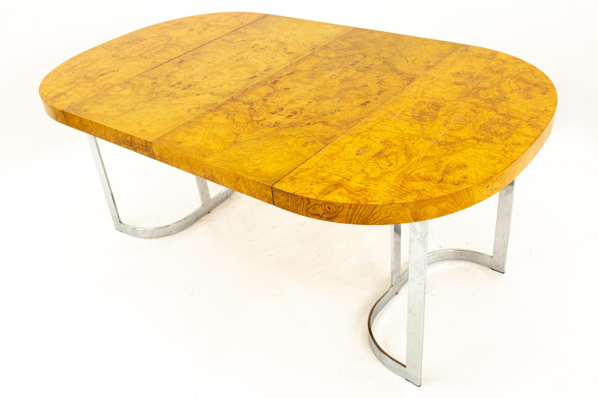 Mid-Century Modern Milo Baughman Style Midcentury Burl Wood and Chrome Dining Table