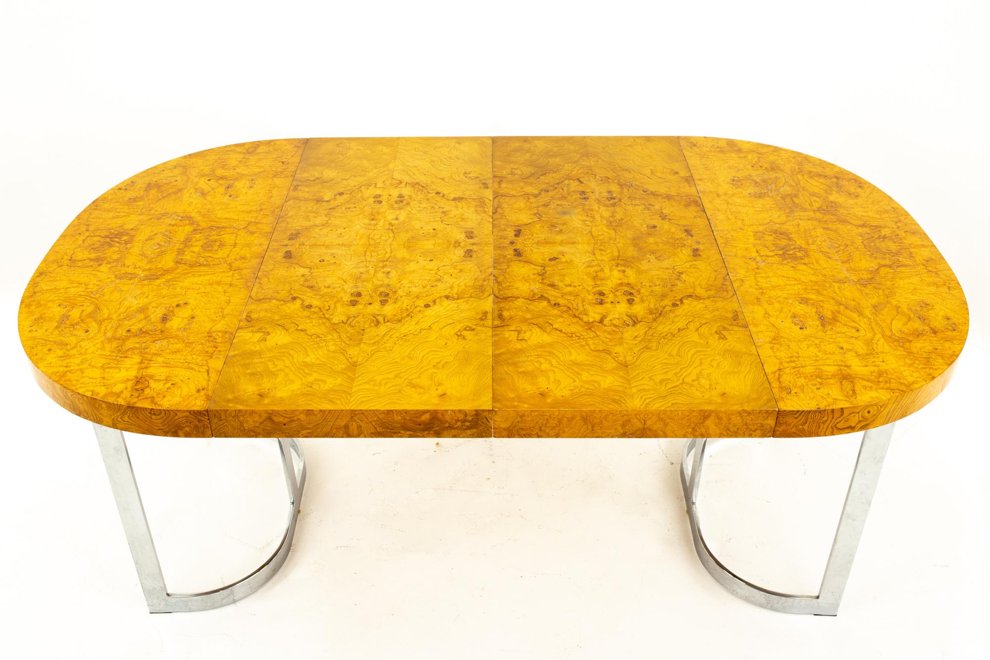 American Milo Baughman Style Midcentury Burl Wood and Chrome Dining Table