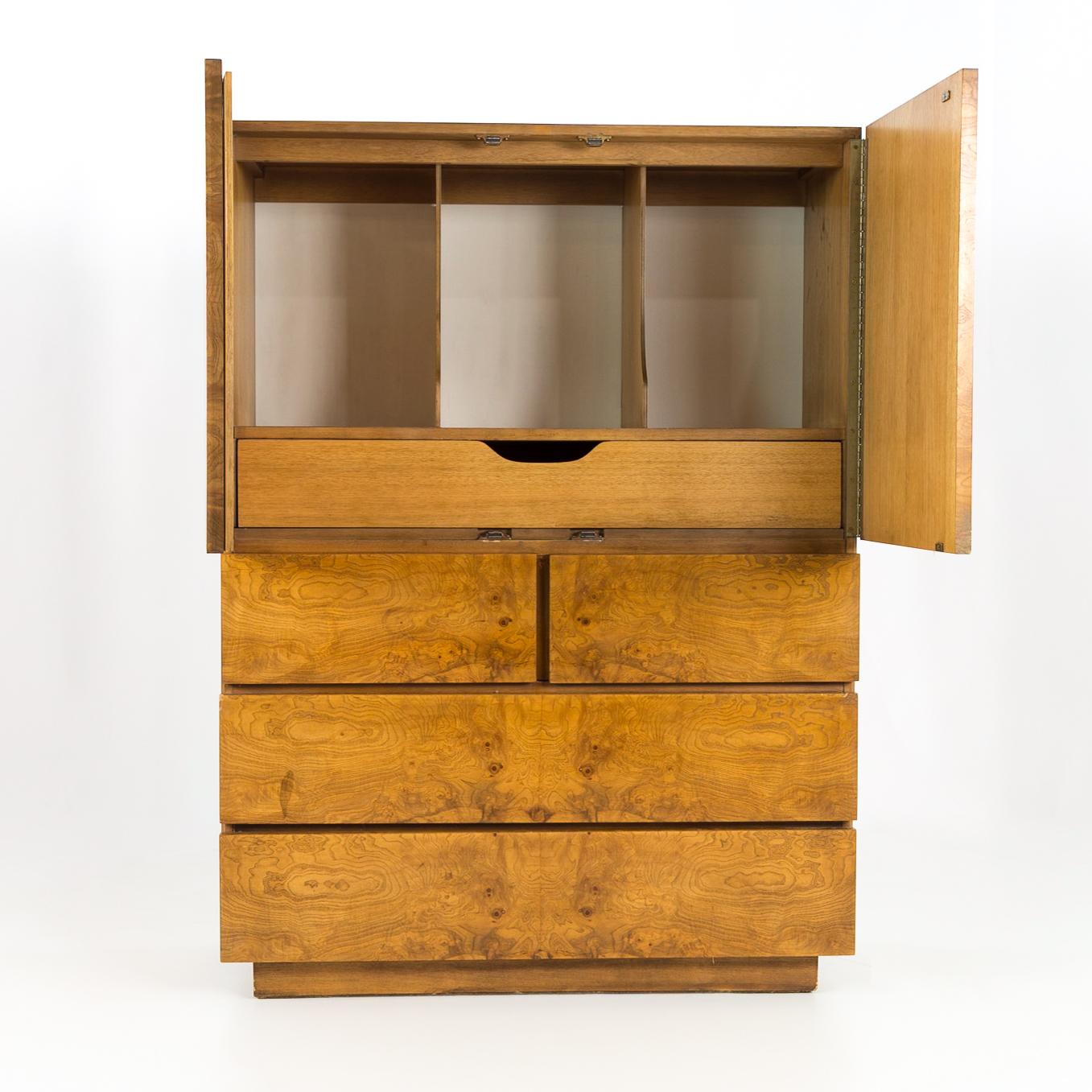 Milo Baughman for Lane Mid Century Burlwood Gentlemans Chest Highboy Dresser In Good Condition In Countryside, IL