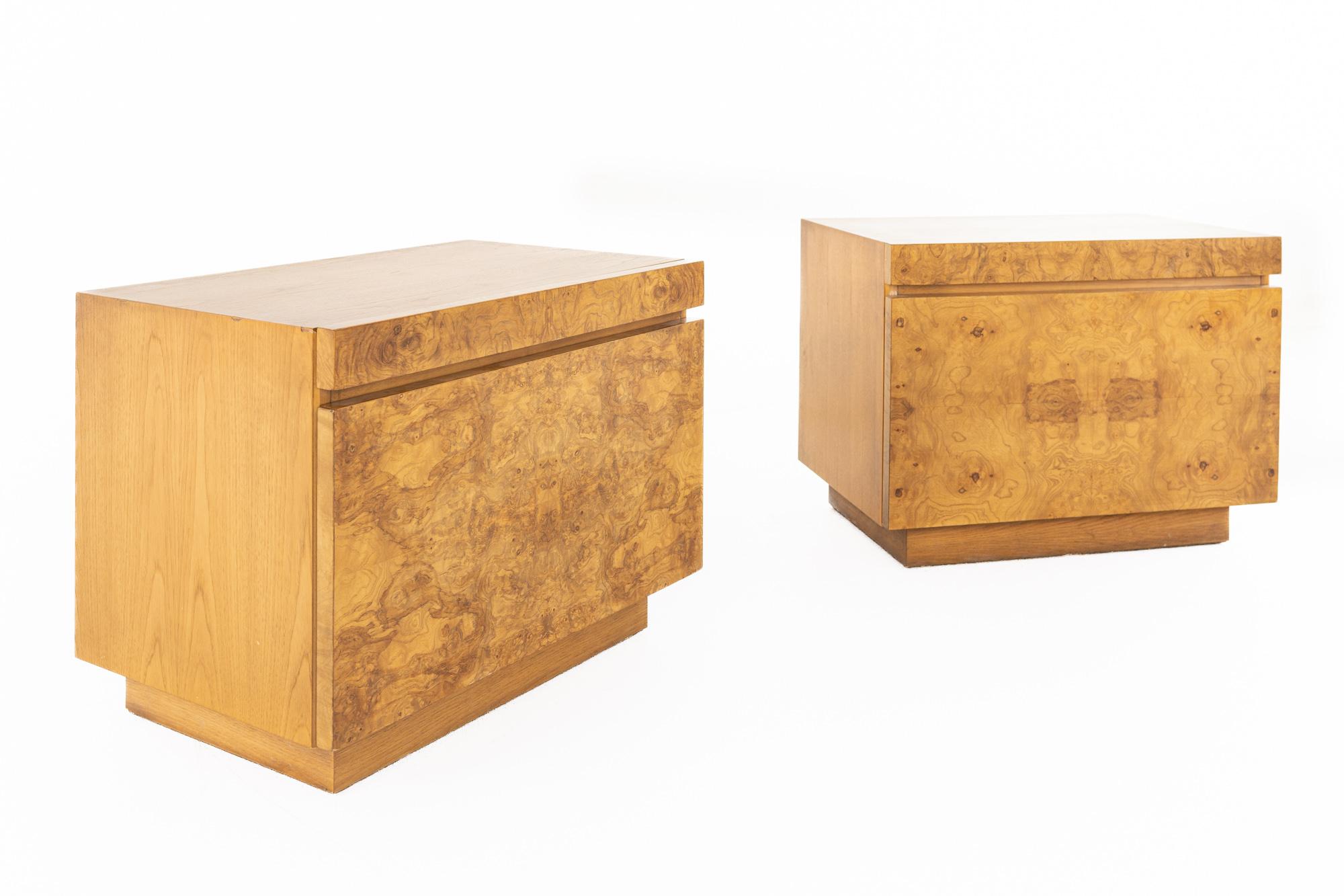 Milo Baughman for lane mid century burlwood nightstands - a pair

These nightstands measure: 26 wide x 17 deep x 20 inches high

All pieces of furniture can be had in what we call restored vintage condition. That means the piece is restored upon