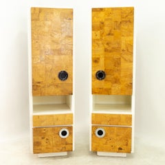 Milo Baughman Style Midcentury Laminate Burlwood and Chrome Wall Units, Pair