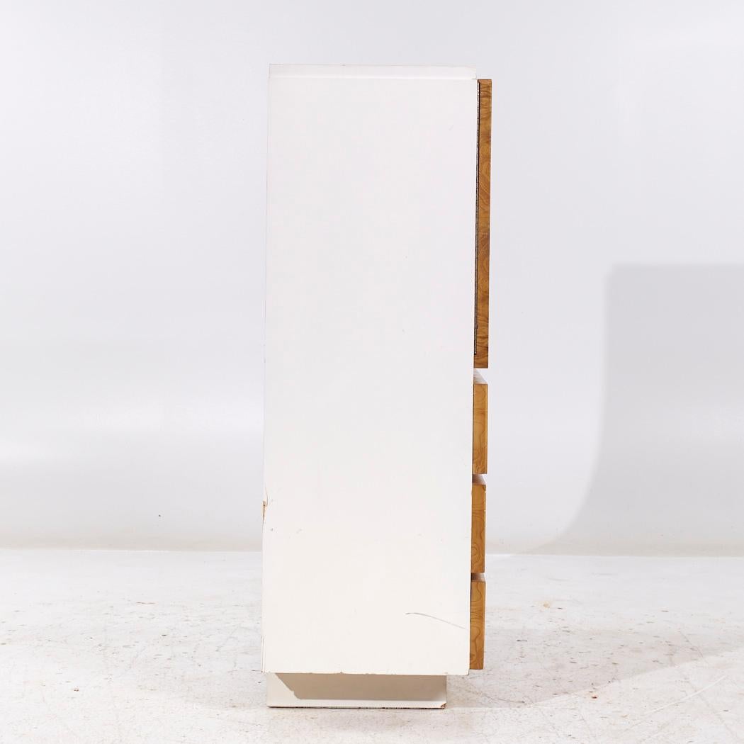 American Milo Baughman for Lane Mid Century White Lacquer and Burlwood Armoire Dresser For Sale