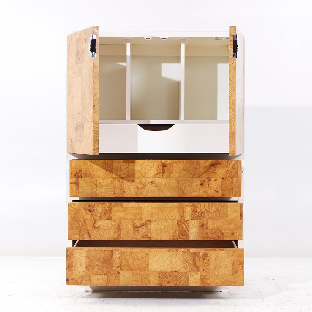 Late 20th Century Milo Baughman for Lane Mid Century White Lacquer and Burlwood Armoire Dresser For Sale