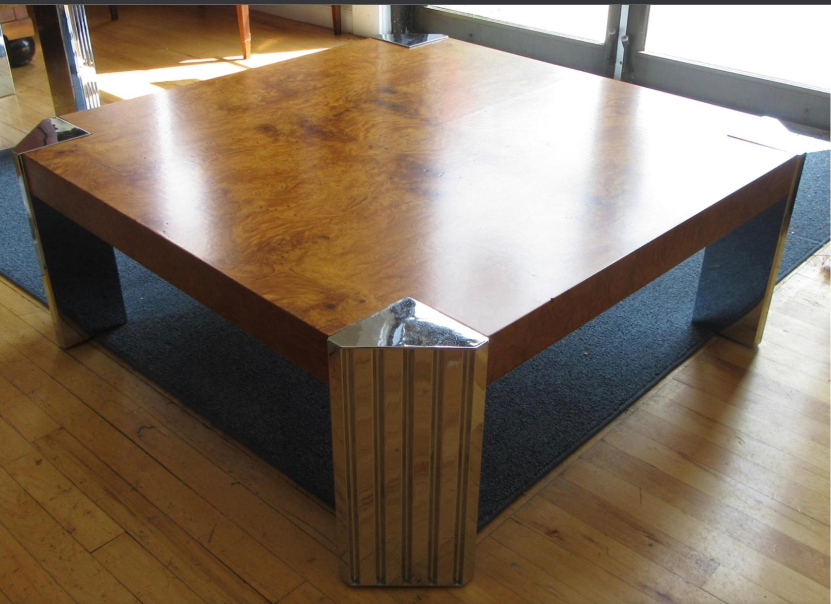 Veneer Milo Baughman for Pace Burl Chrome Coffee and End Tables  For Sale