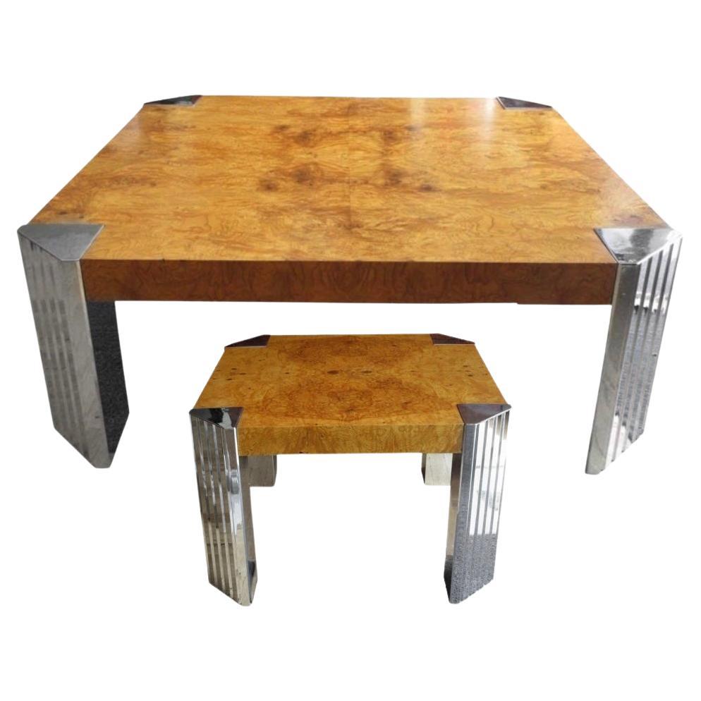 Milo Baughman for Pace Burl Chrome Coffee and End Tables  For Sale