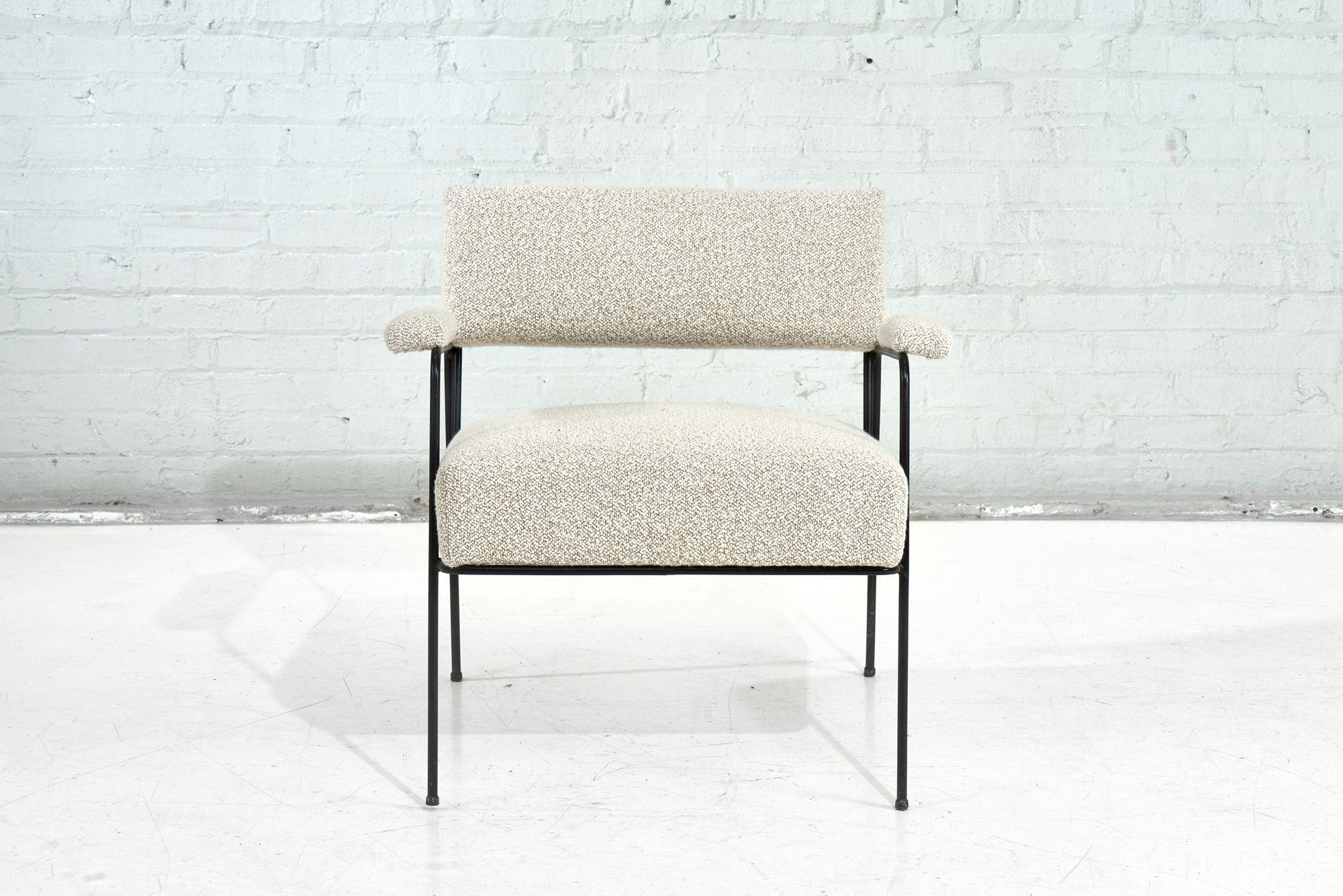 Milo Baughman for Pacific Iron Lounge Chair, 1950. Chair has been completely restored and reupholstered in an oatmeal color nubby boucle.


