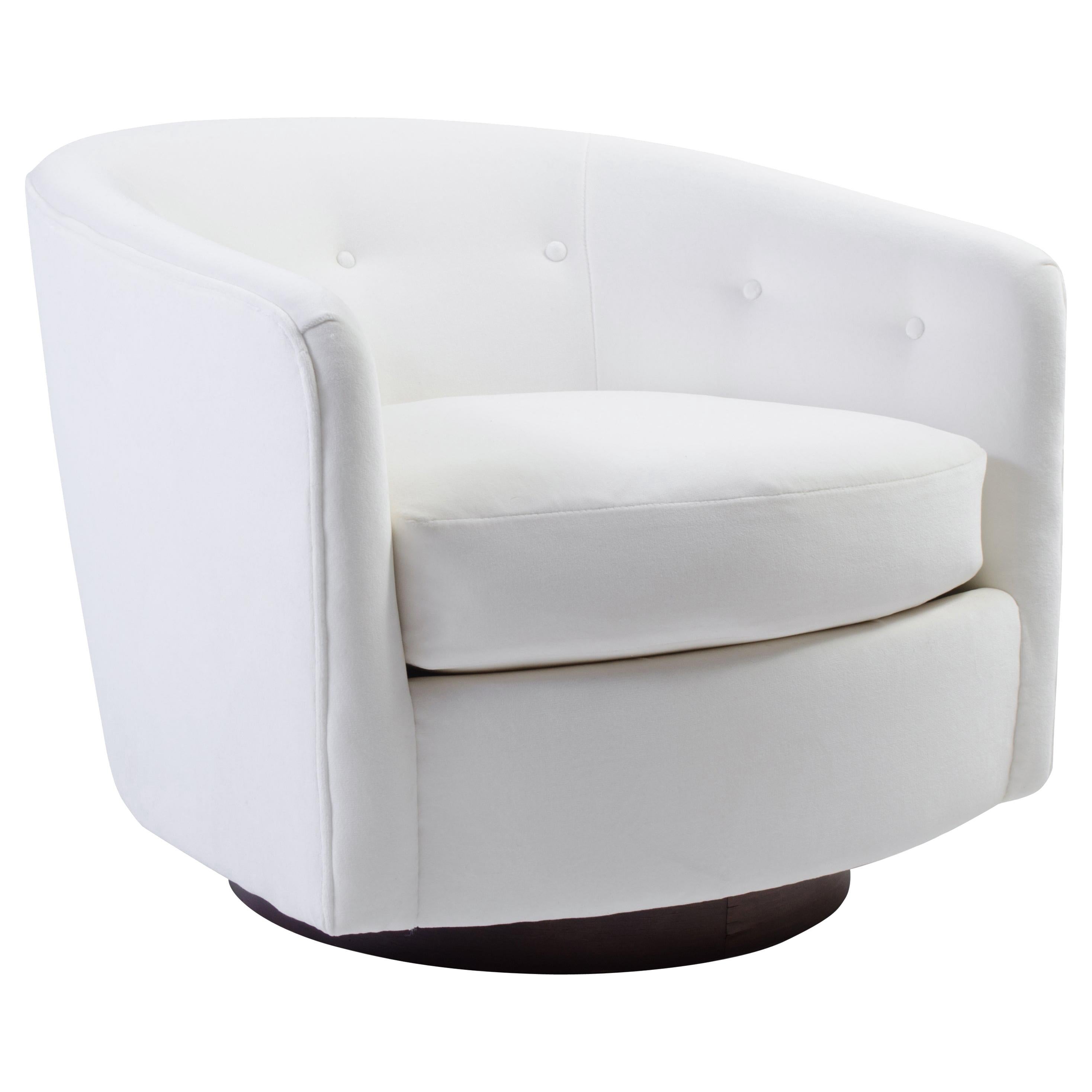 Milo Baughman Style Swivel Chair in Snow White Velvet
