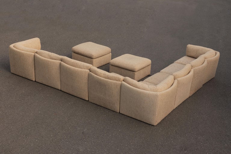 A very large, impressive, modular Milo Baughman for Thayer Coggin curved scalloped back sectional sofa,
Fully marked with numerous Thayer Coggin tags; the piece was made on 08/20/1979. 
There are ten pieces to the sectional; five single scalloped