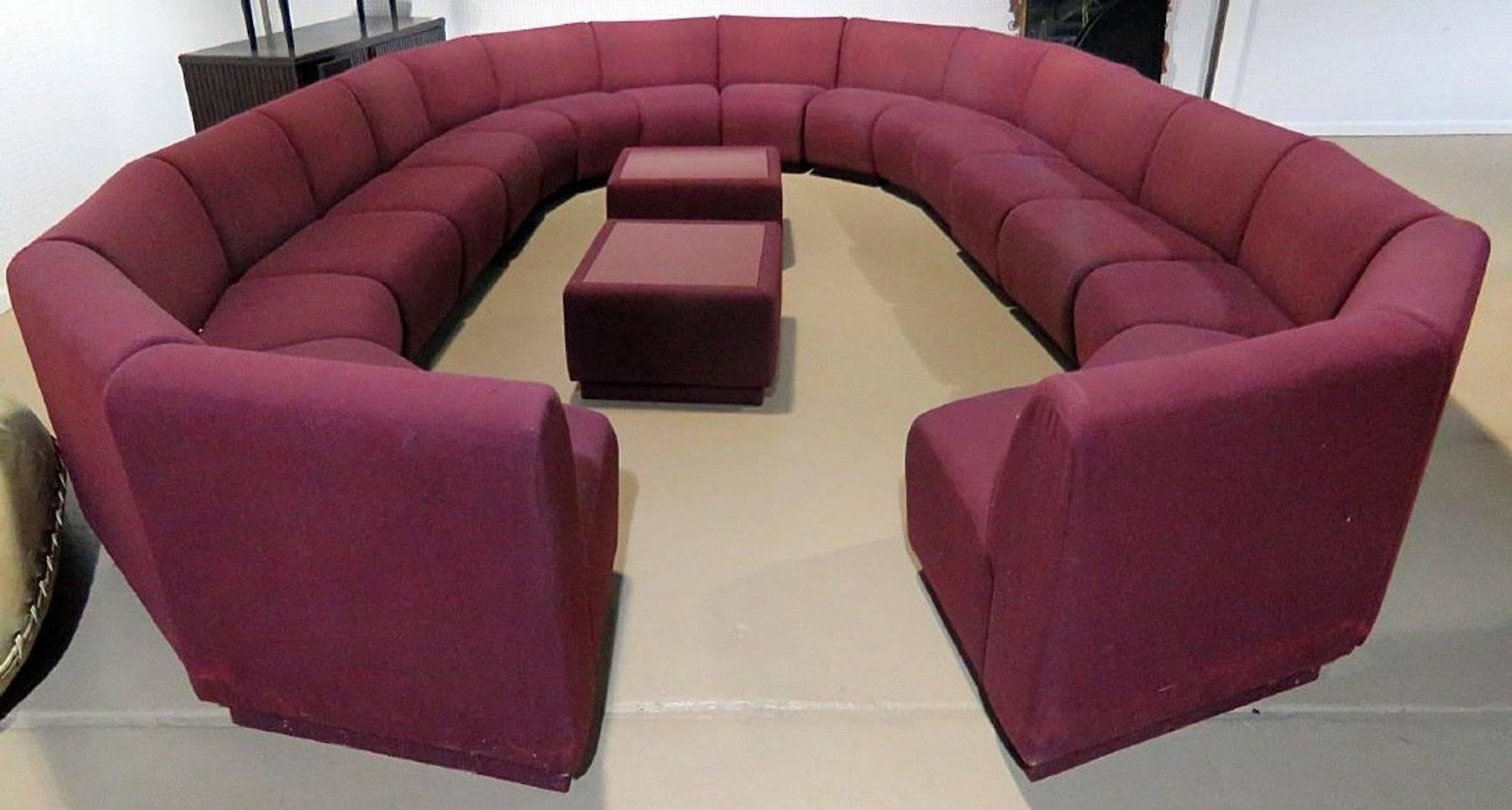 Milo Baughman for Thayer Coggin 20 piece modular living room set. Numerous seating arrangements possible, Consisting 18 modular 'curved' upholstered pieces and two ottomans
Twelve Larger Curved Modular Seats 30 1/4