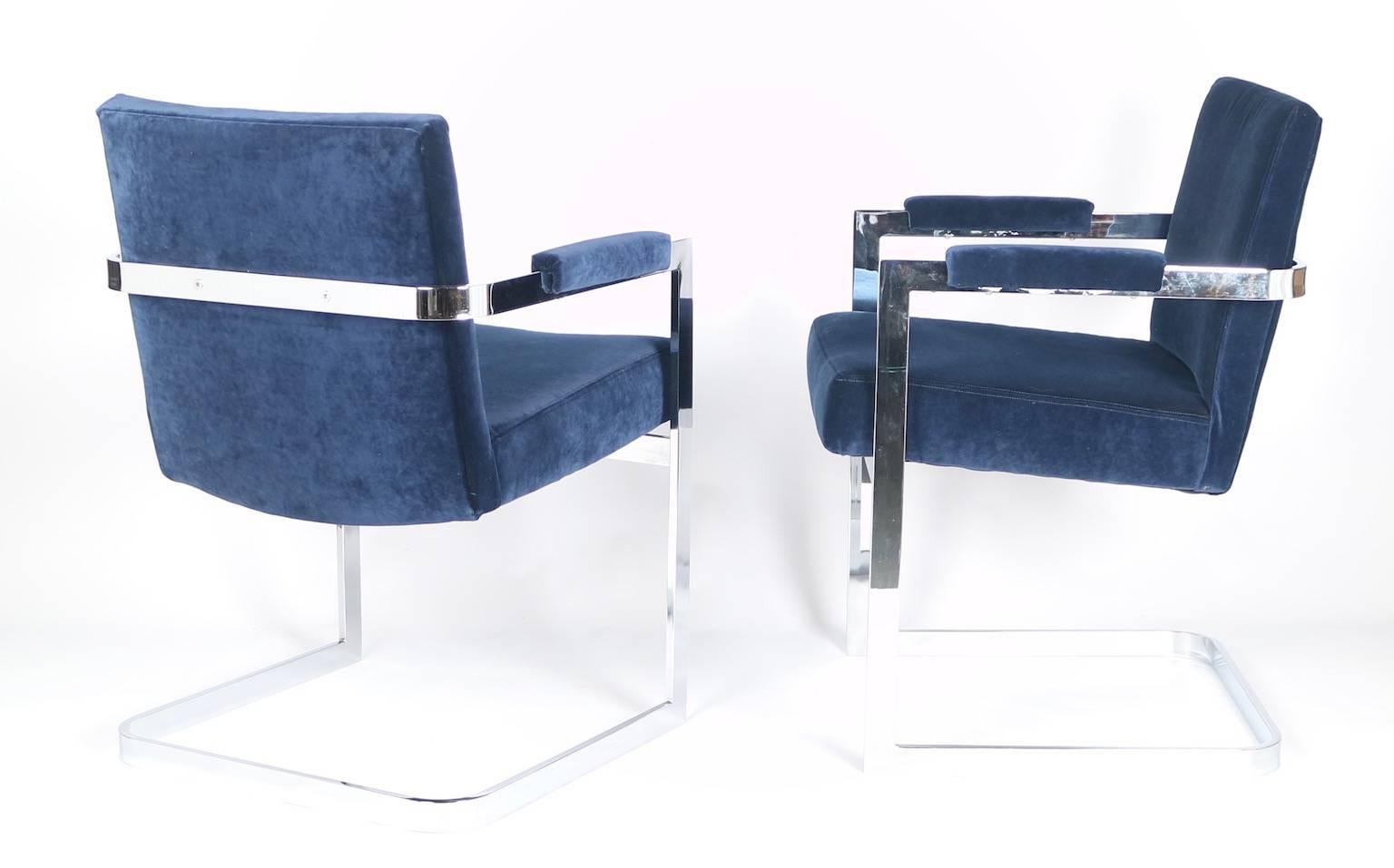 Mid-Century Modern Milo Baughman for Thayer Coggin Armchairs in Chrome and Blue Velvet