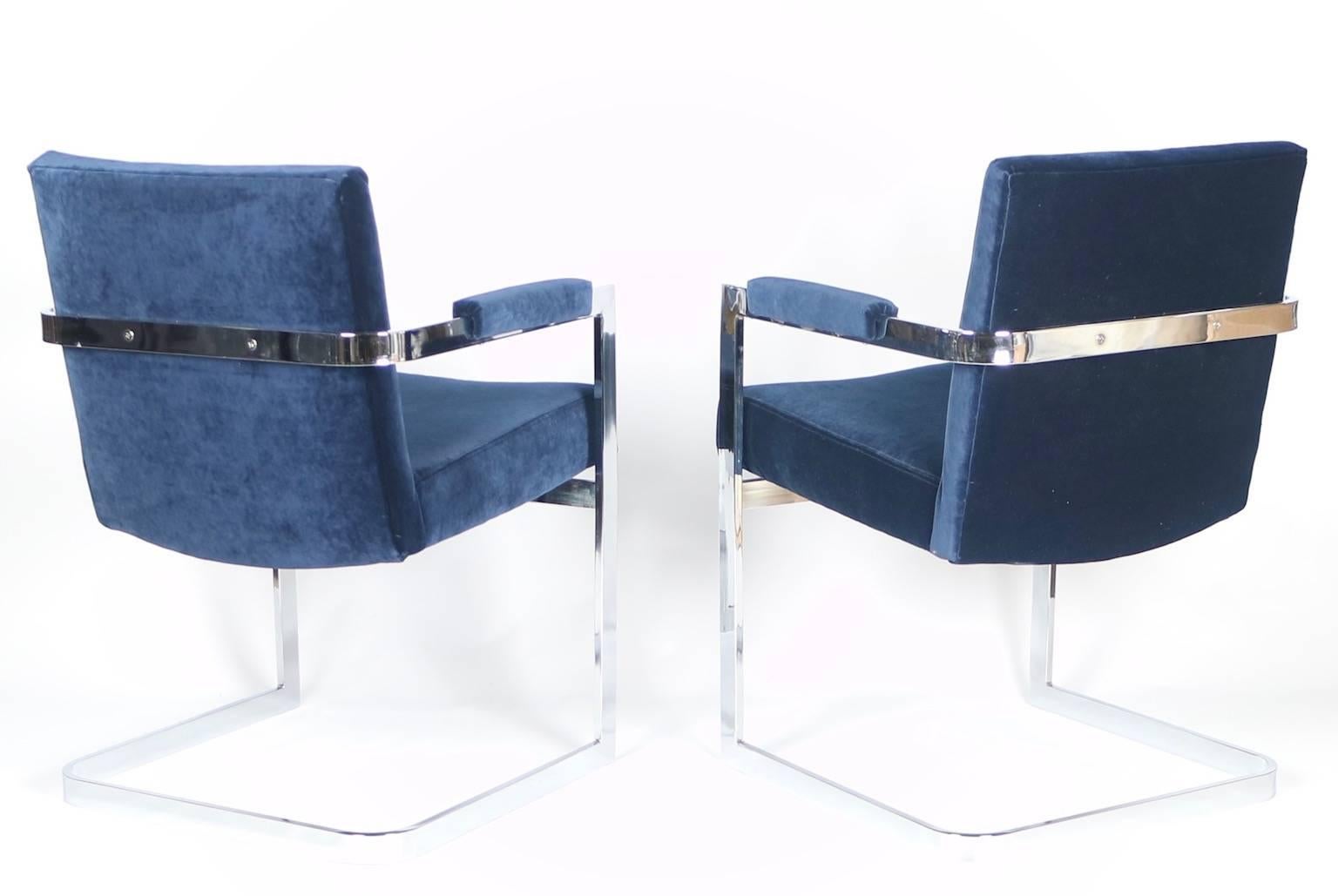 American Milo Baughman for Thayer Coggin Armchairs in Chrome and Blue Velvet