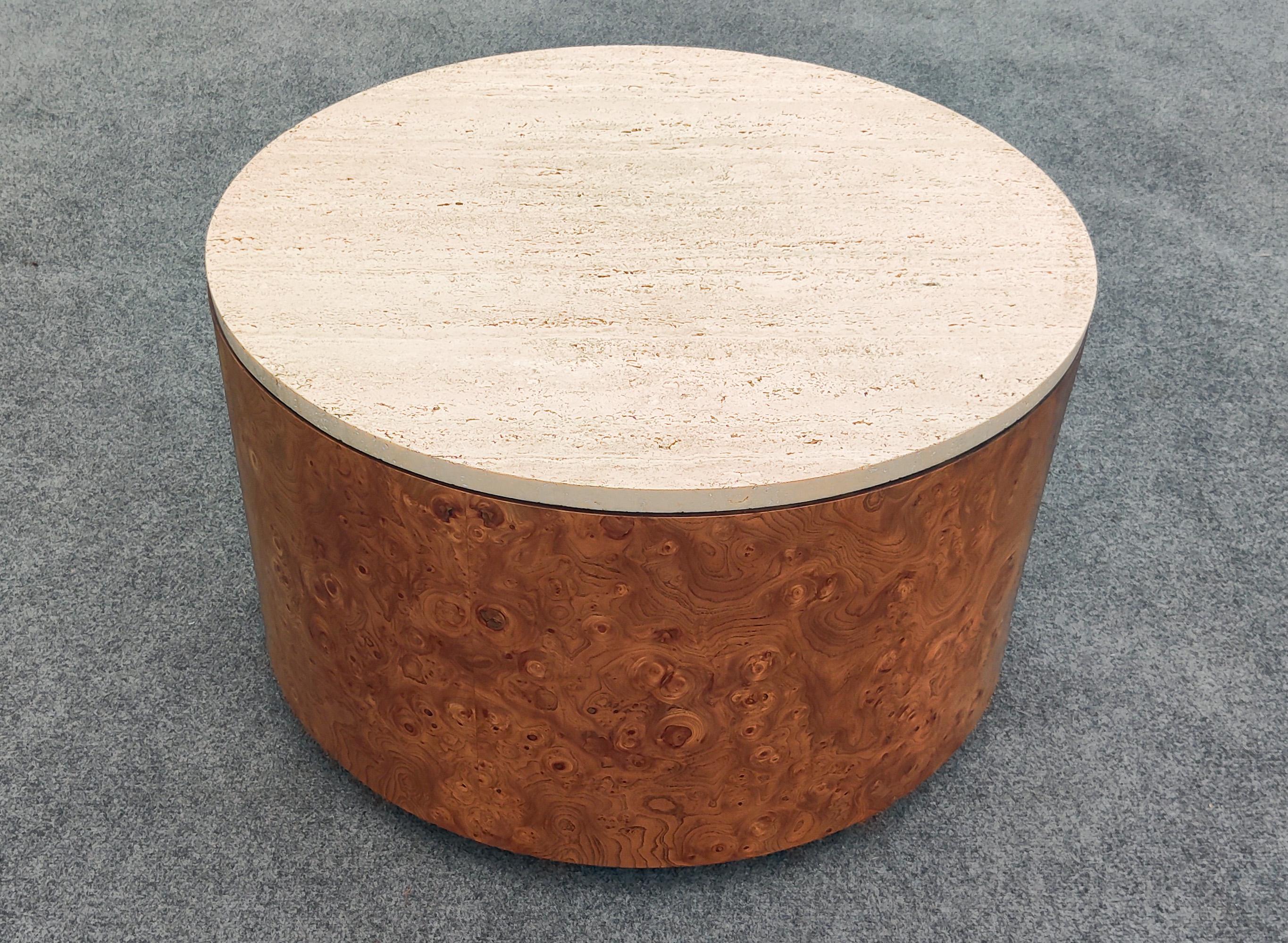 Designed by Milo Baughman and produced by Thayer Coggin, this table features a hardwood interior frame wrapped in a highly figured and carefully selected Ash burl veneer. This table has something interesting to see from every angle. Topped by a