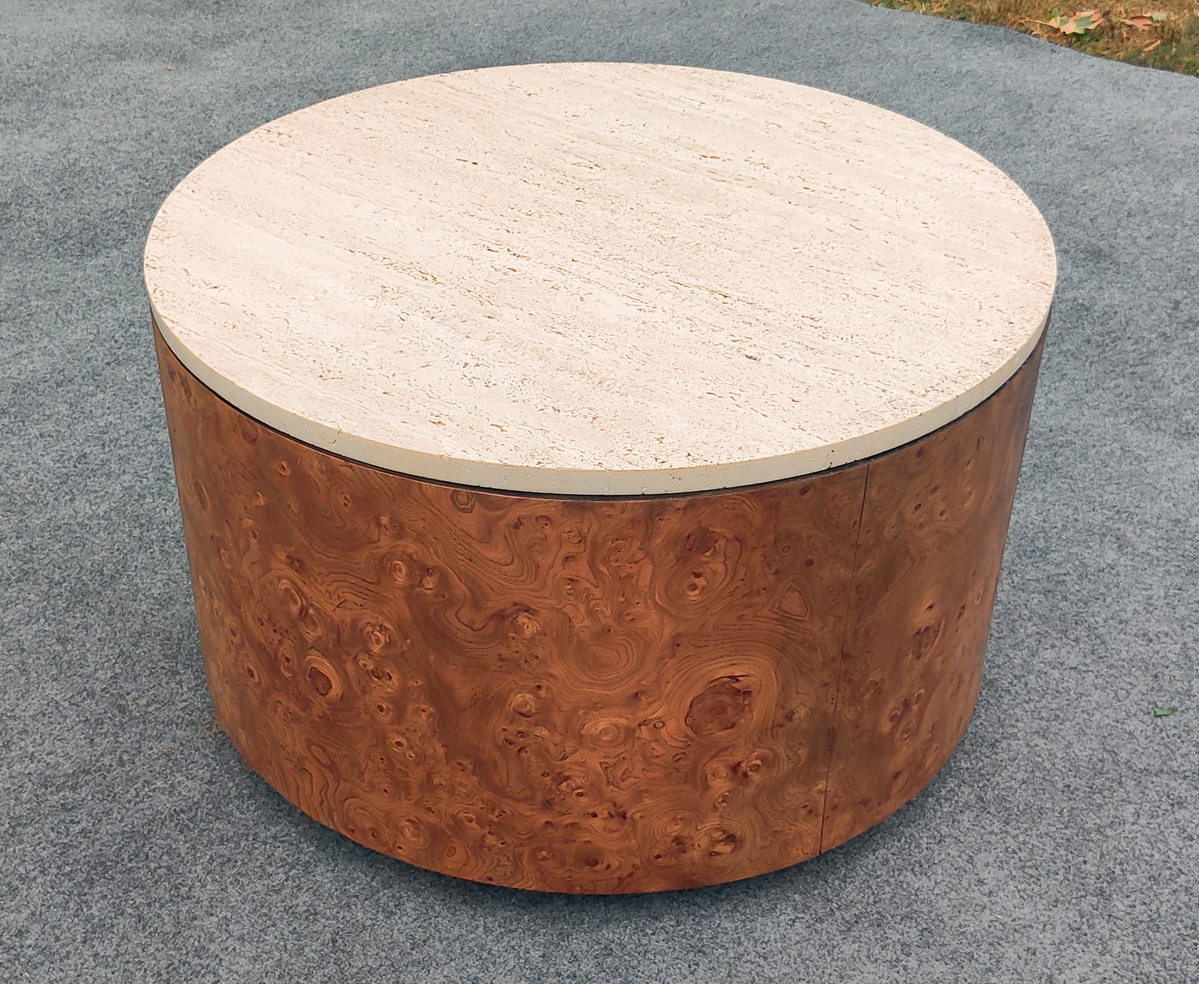 Mid-Century Modern Milo Baughman for Thayer Coggin Ash Burl & Travertine Drum Coffee Table For Sale