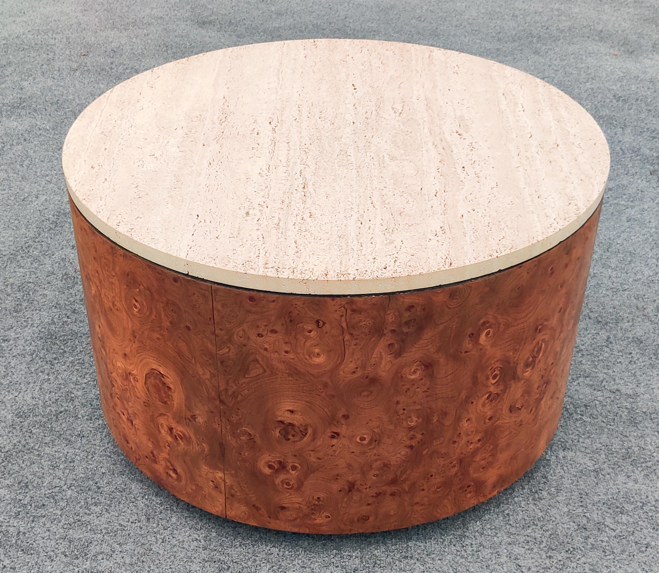 American Milo Baughman for Thayer Coggin Ash Burl & Travertine Drum Coffee Table For Sale