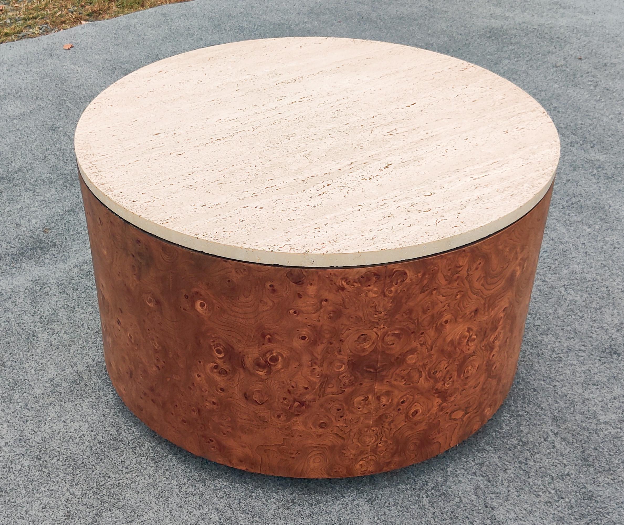 Milo Baughman for Thayer Coggin Ash Burl & Travertine Drum Coffee Table In Good Condition For Sale In Philadelphia, PA