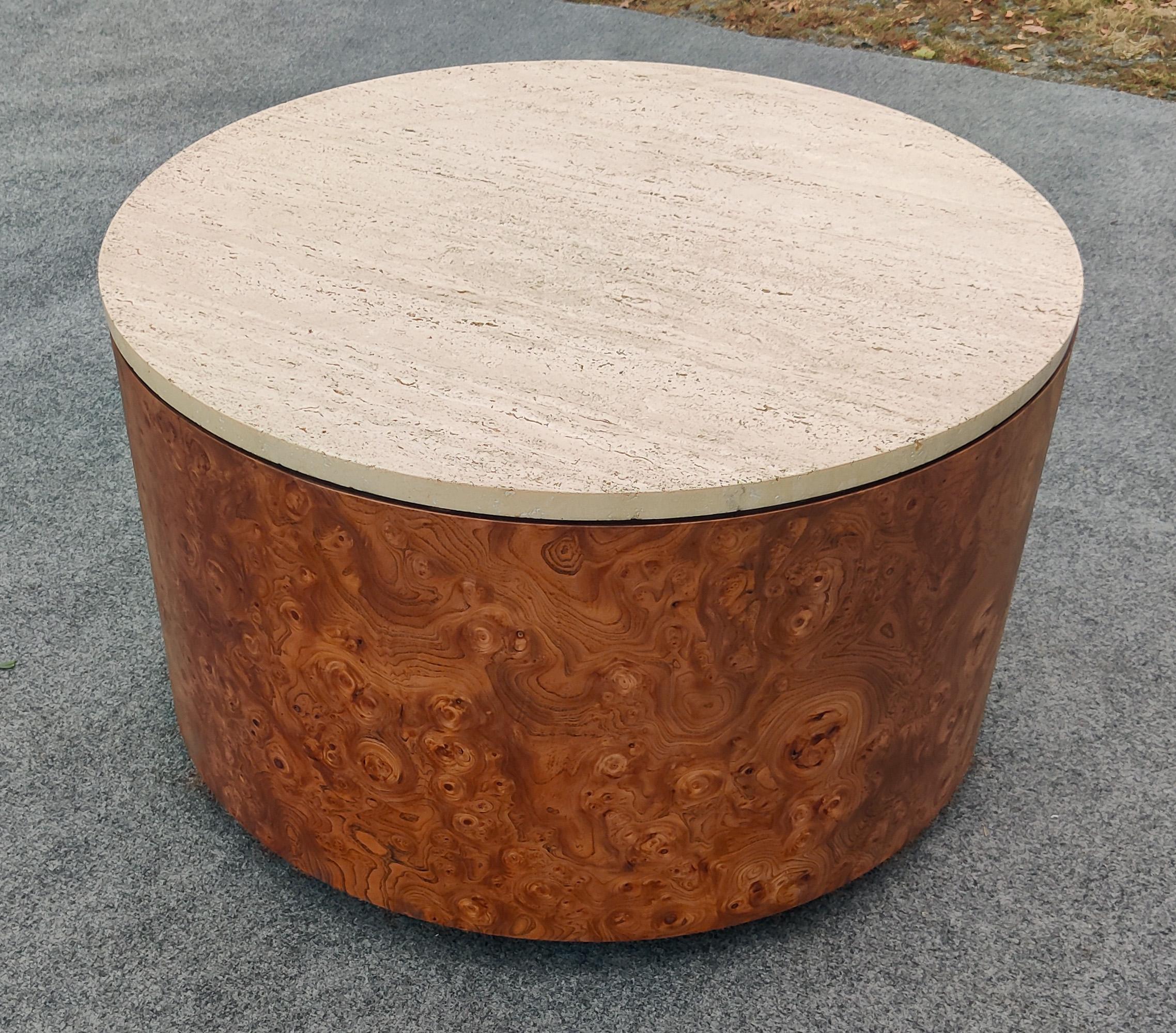 Late 20th Century Milo Baughman for Thayer Coggin Ash Burl & Travertine Drum Coffee Table For Sale