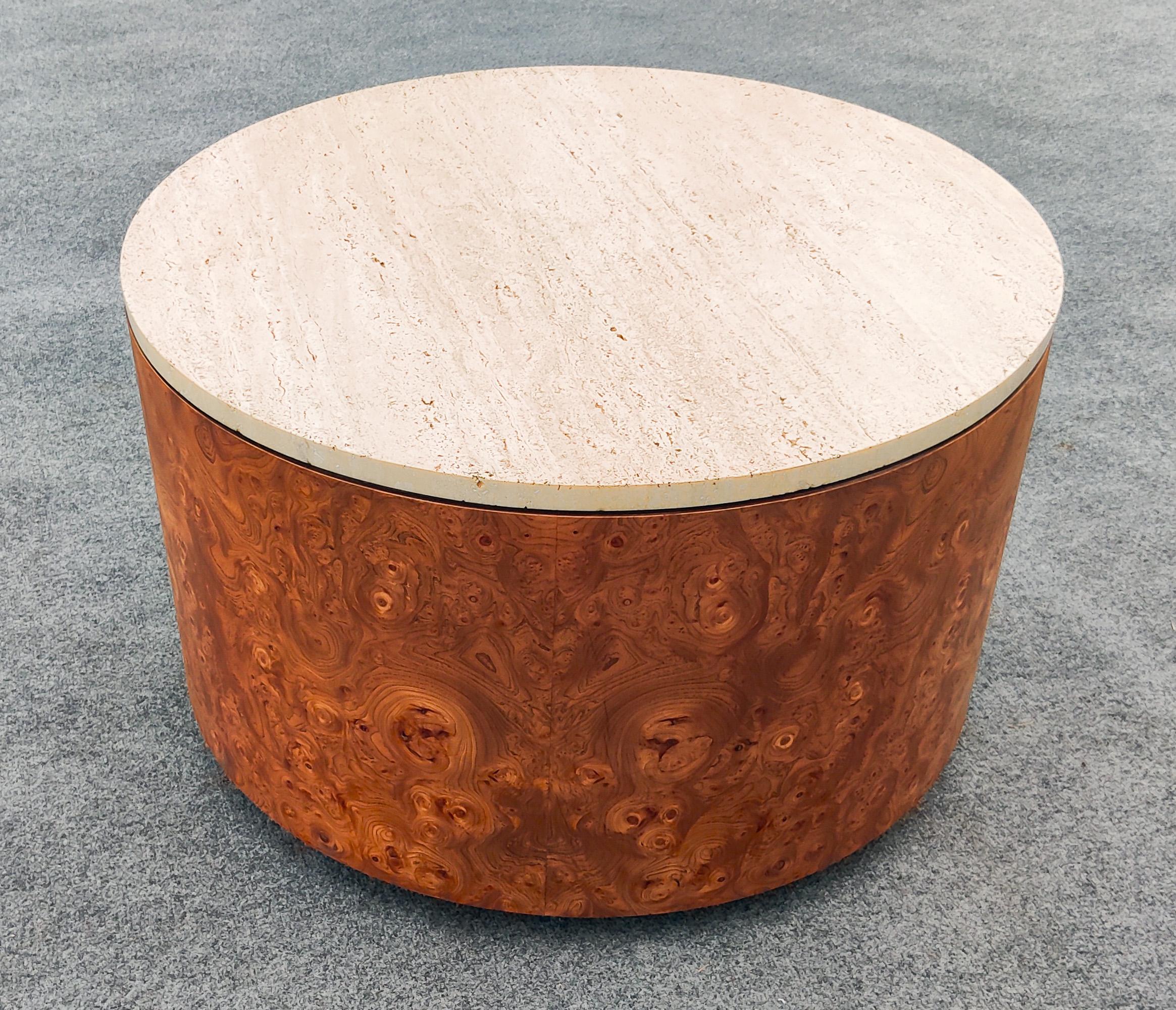 Milo Baughman for Thayer Coggin Ash Burl & Travertine Drum Coffee Table For Sale 1