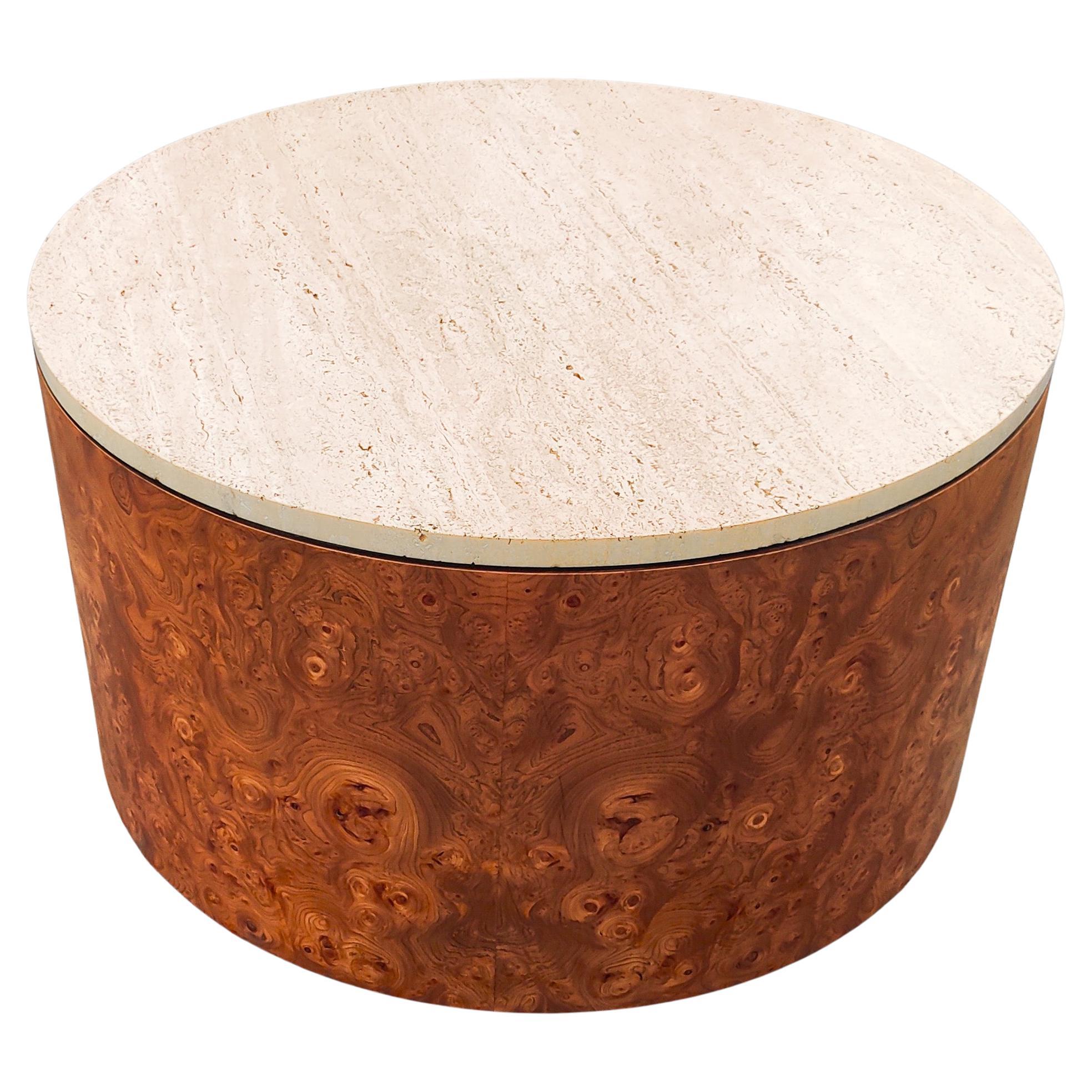 Milo Baughman for Thayer Coggin Ash Burl & Travertine Drum Coffee Table For Sale