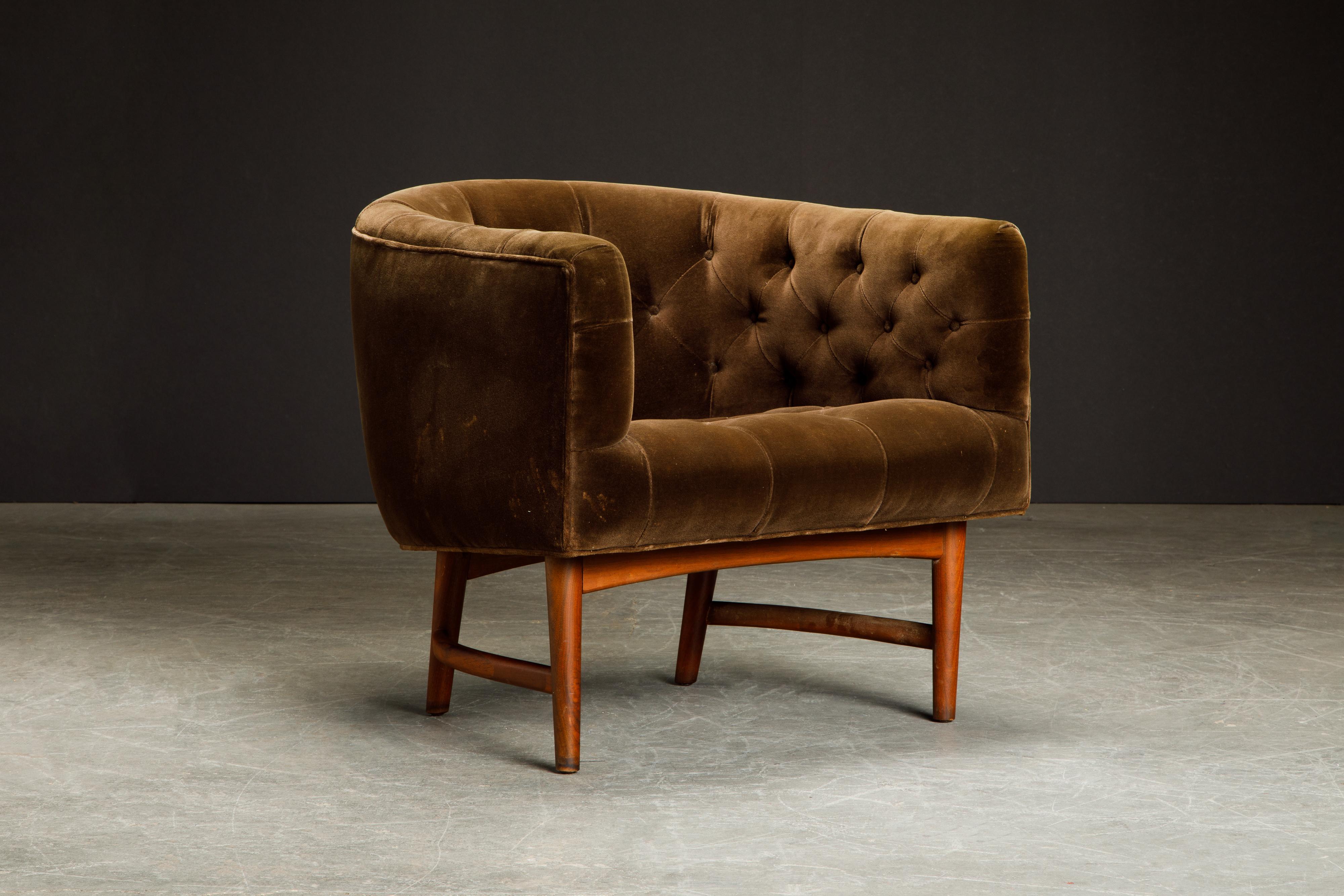 This is the original 'Betty' tufted velvet barrel chair by Milo Baughman for Thayer Coggin, signed and dated 1968. The gorgeous vintage tufted brown soft and comfy velvet upholstery which floats on top of a curvaceous walnut frame. This modernist
