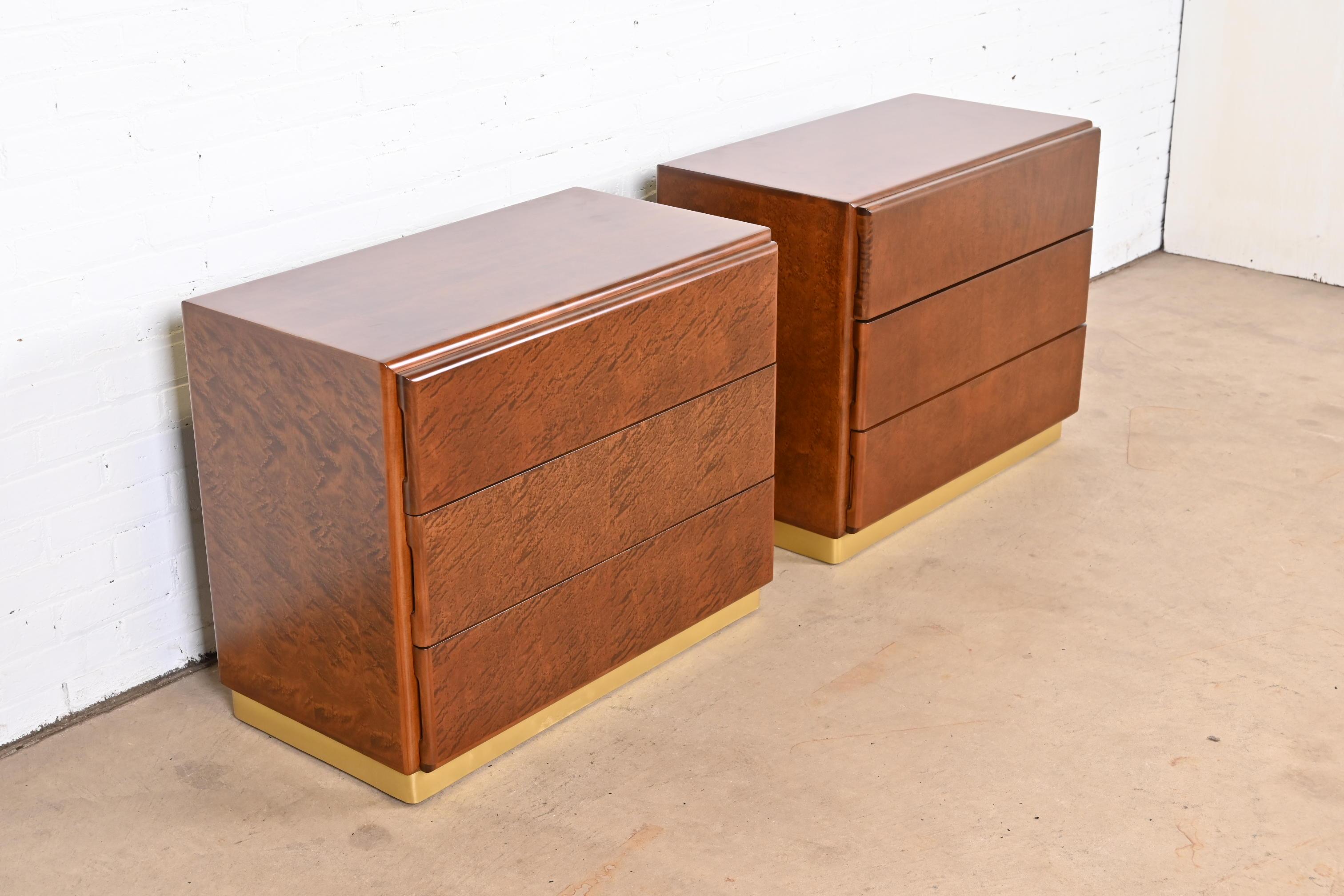 American Milo Baughman for Thayer Coggin Birdseye Maple and Brass Bedside Chests, Pair For Sale