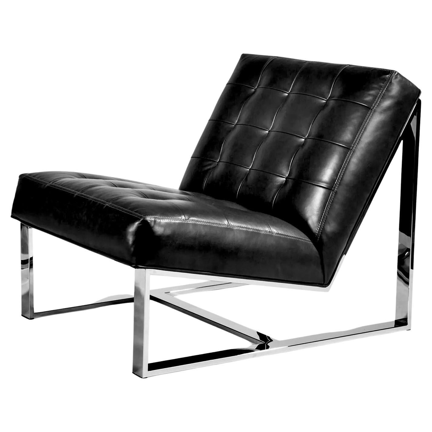 Milo Baughman for Thayer Coggin Black Leather Lounge Chair, Stainless Steel, 1969.
Born to be wild in 1969, Milo Baughman's EZ Rider armless lounge chair is a timeless modern classic. Whatever comes your way during the day, EZ Rider will help take