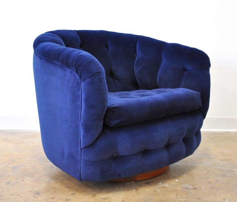 Milo Baughman for Thayer Coggin Blue Velvet Swivel Lounge Chair at 1stdibs