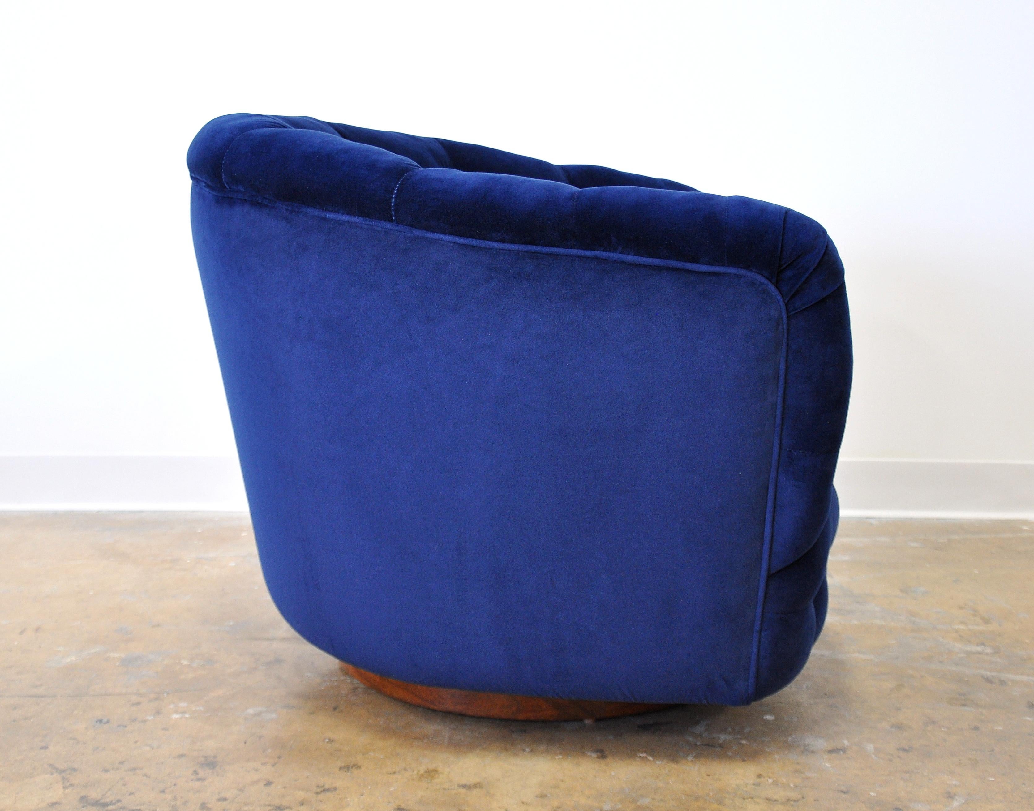 American Milo Baughman for Thayer Coggin Blue Velvet Swivel Lounge Chair