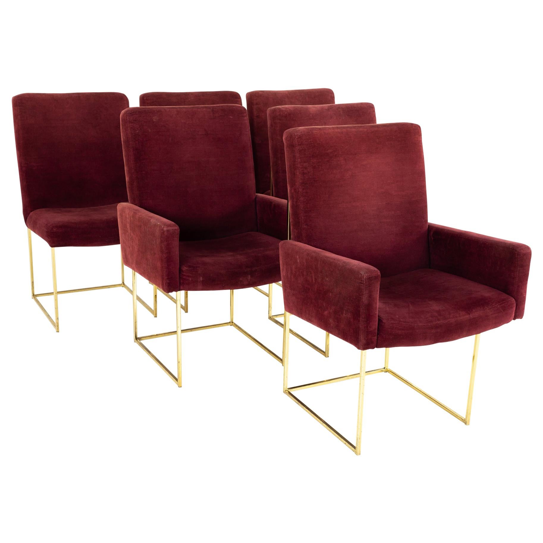 Milo Baughman for Thayer Coggin Brass & Velvet Thinline Dining Chairs, Set of 6