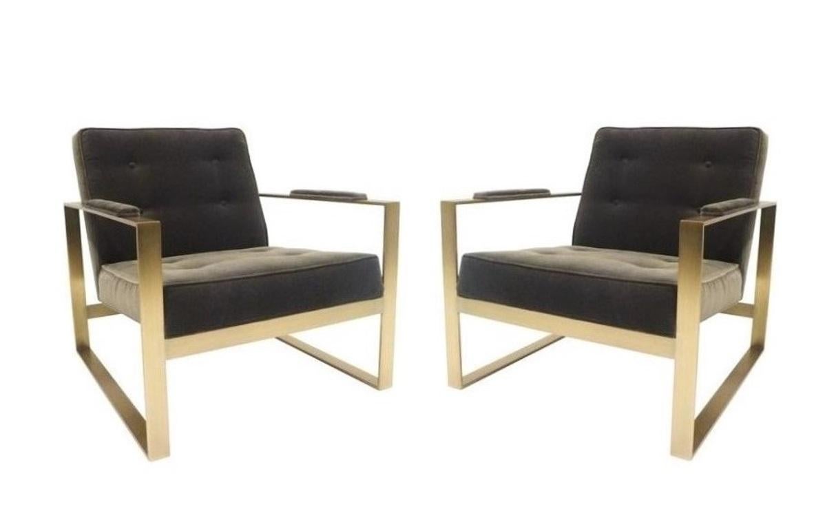 These unusual and stunning pair of chairs from the great designer/manufacturer duo; in the style of Milo Baughman for Thayer Coggin. Rarely seen, brushed bronze flatbar frames upholstered in luxurious mohair fabric. Luxuriously soft for sitting as