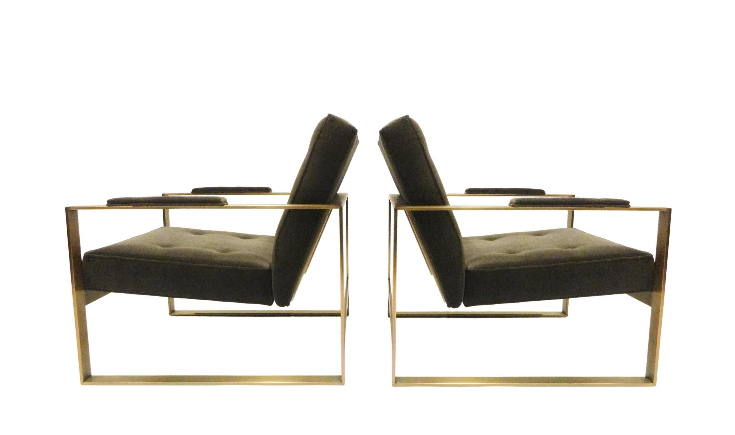 Mid-Century Modern Bronze Flatbar Lounge Chairs in the Style of Milo Baughman for Thayer Coggin