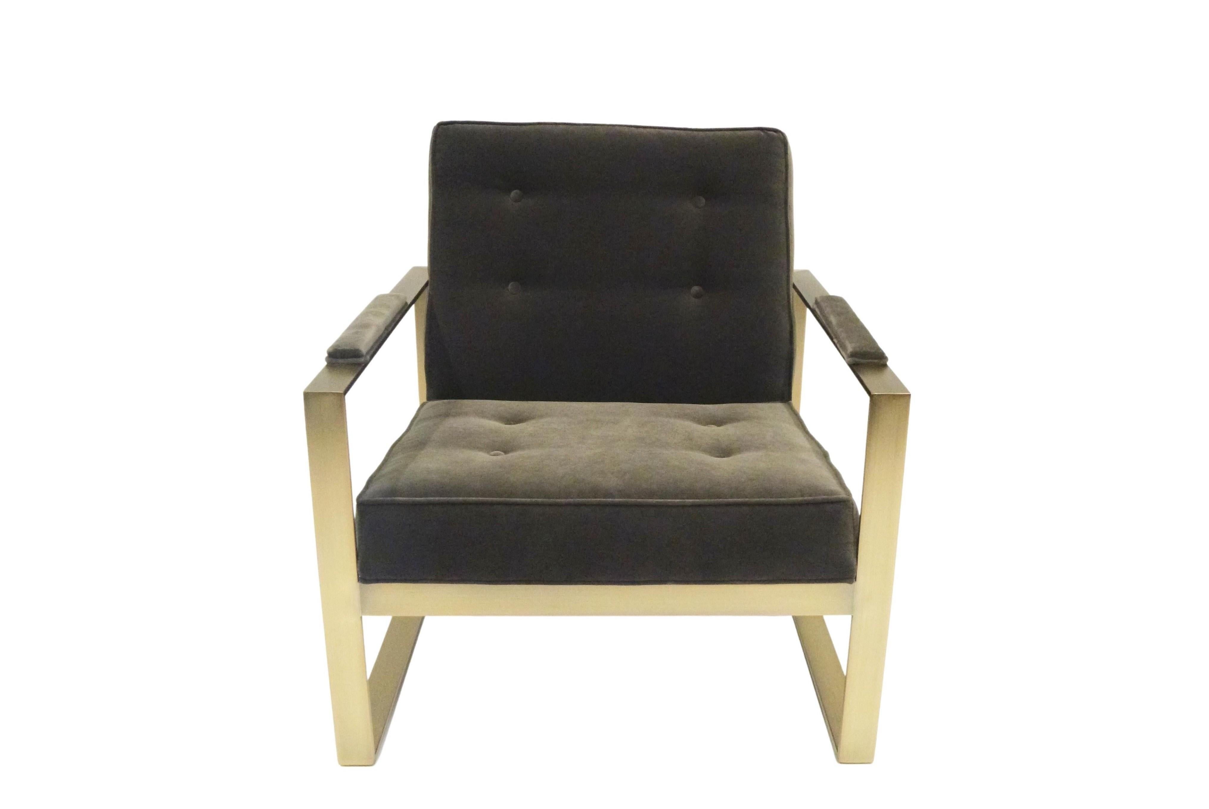 Brushed Bronze Flatbar Lounge Chairs in the Style of Milo Baughman for Thayer Coggin