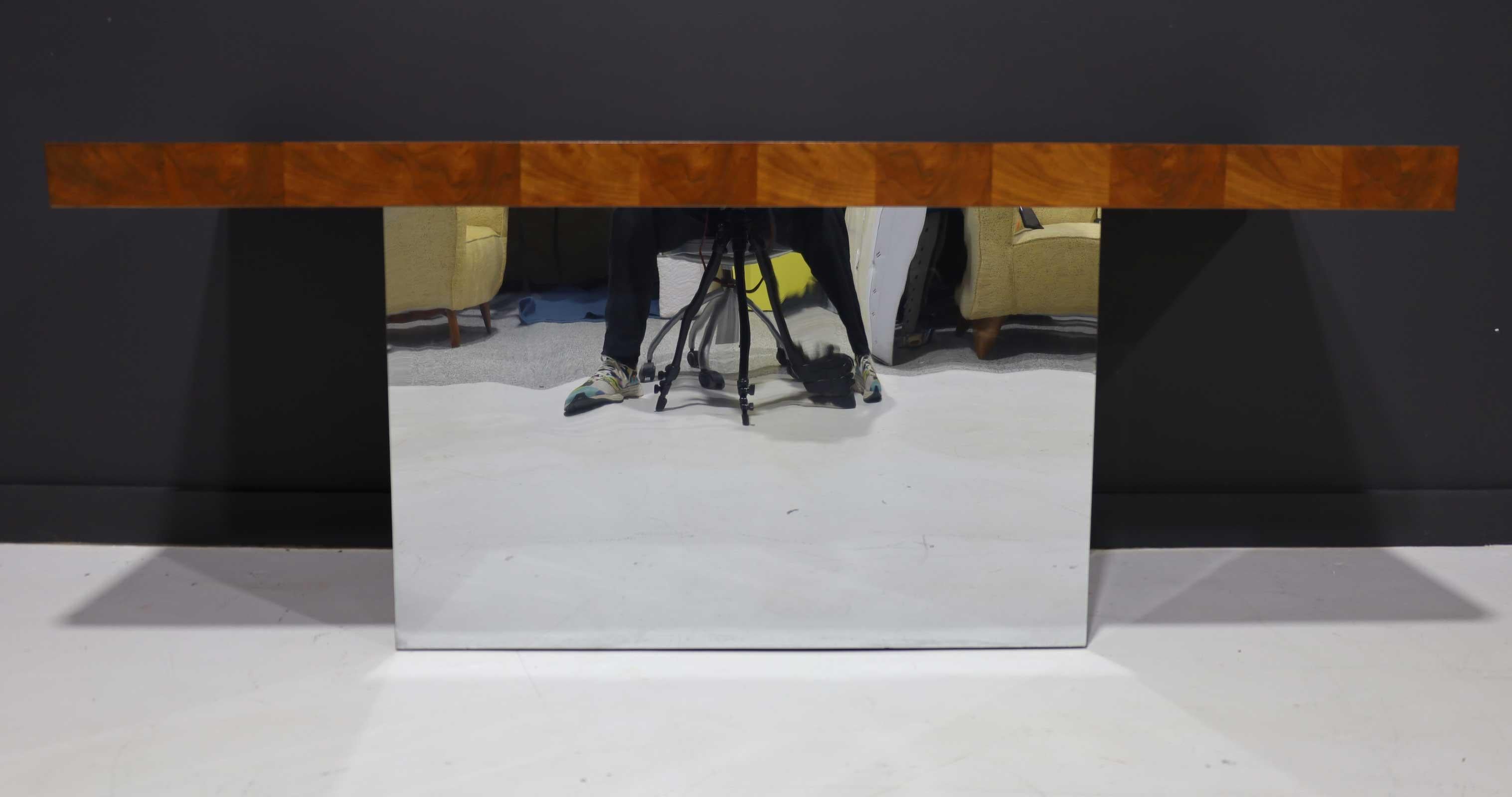 Beautiful Milo Baughman for Thayer Coggin console. Console features a burl wood parquet top and chrome base.