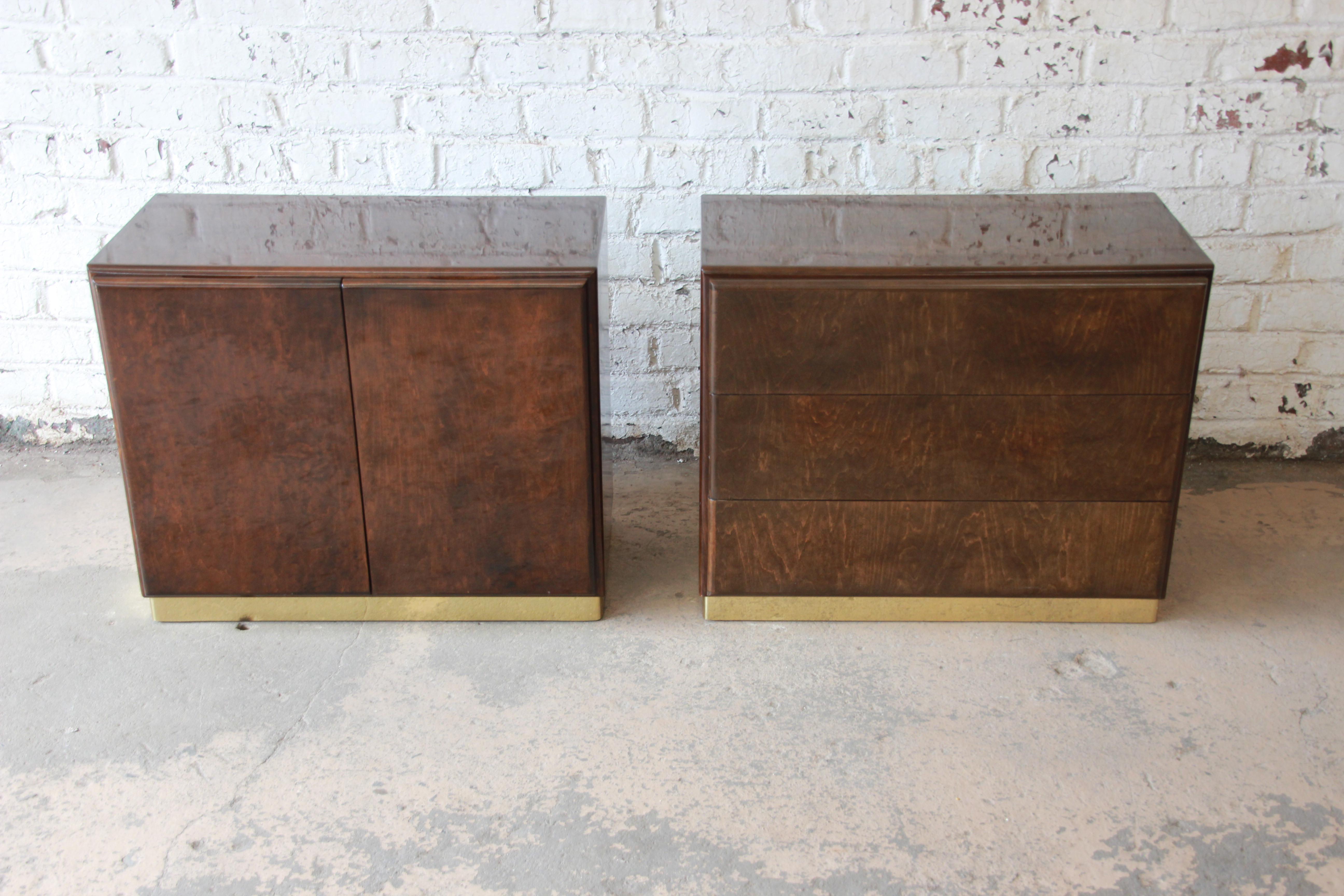 Mid-Century Modern Milo Baughman for Thayer Coggin Burl Wood and Brass Nightstands