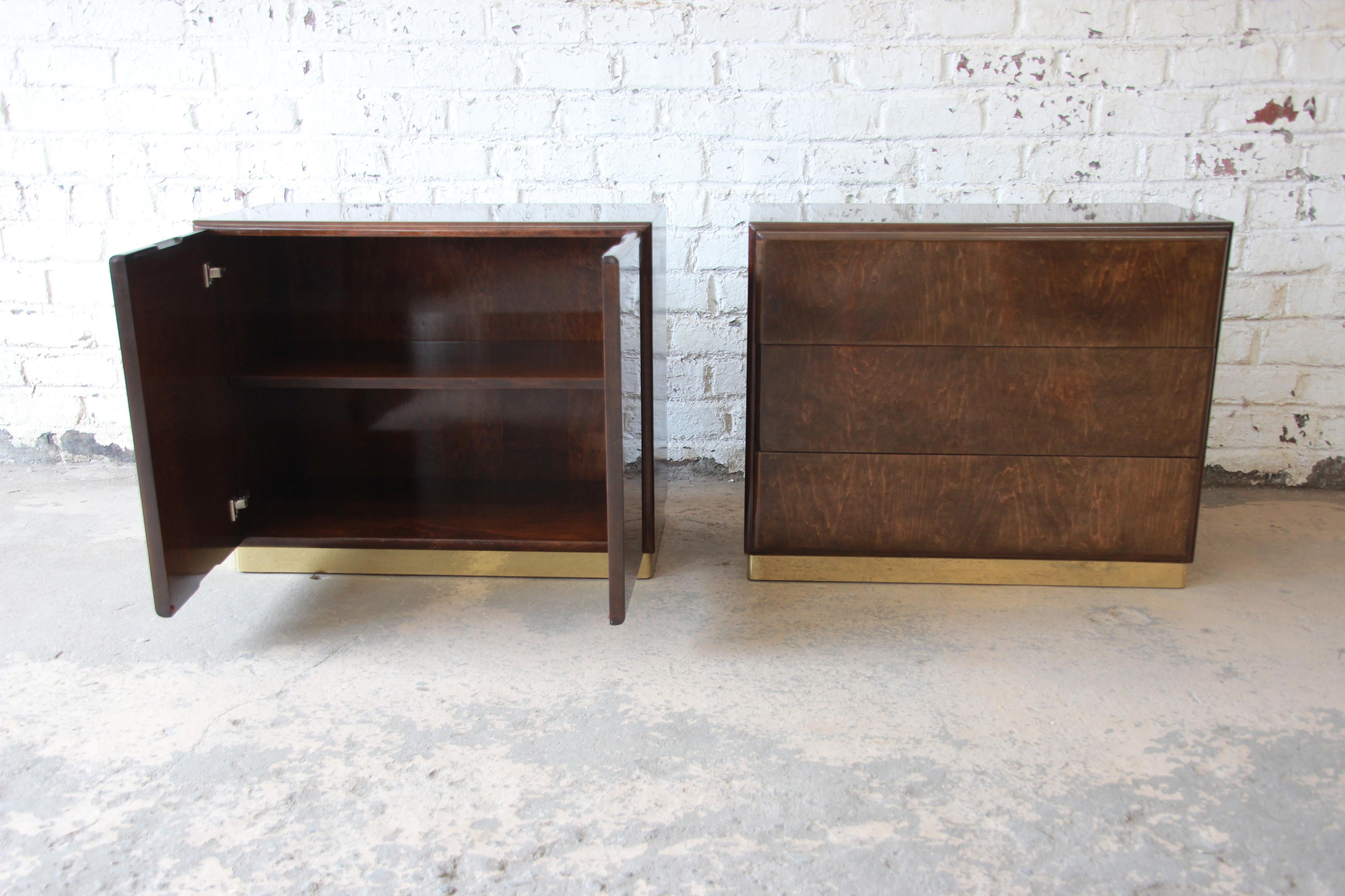 Late 20th Century Milo Baughman for Thayer Coggin Burl Wood and Brass Nightstands